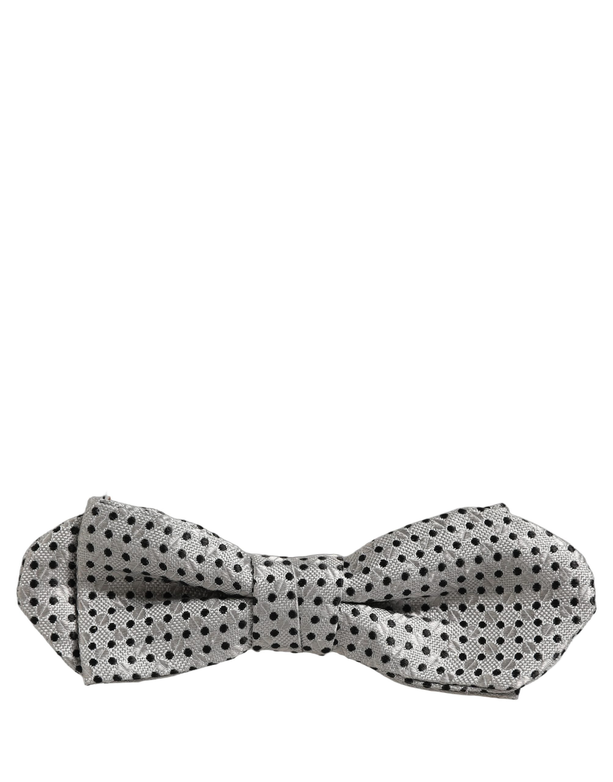 Men Silver Black Polka Dot Adjustable Neck Papillon Bow Tie