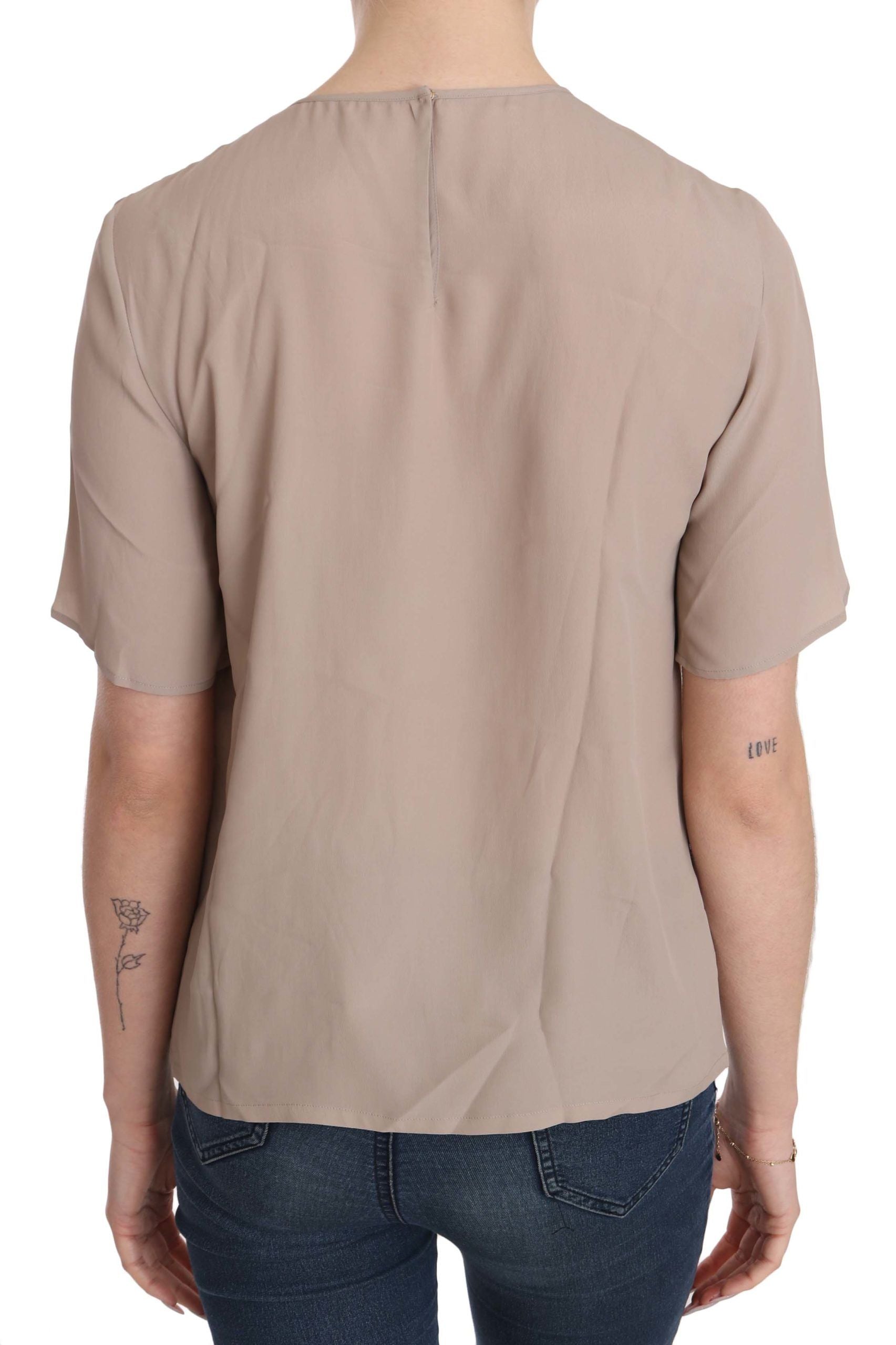 Elegant Beige Silk Blend Crew Neck Blouse - ventzia