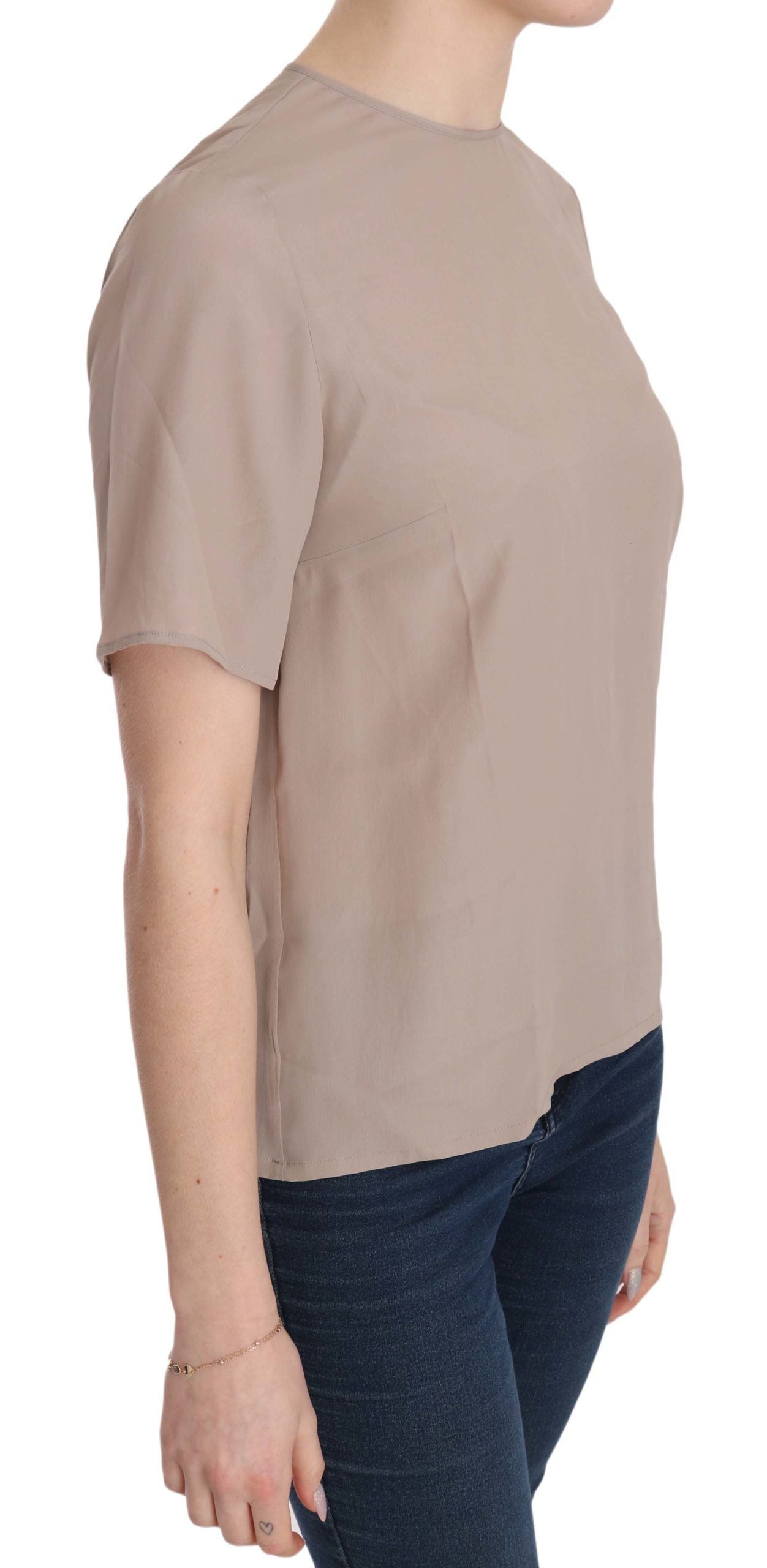 Elegant Beige Silk Blend Crew Neck Blouse - ventzia
