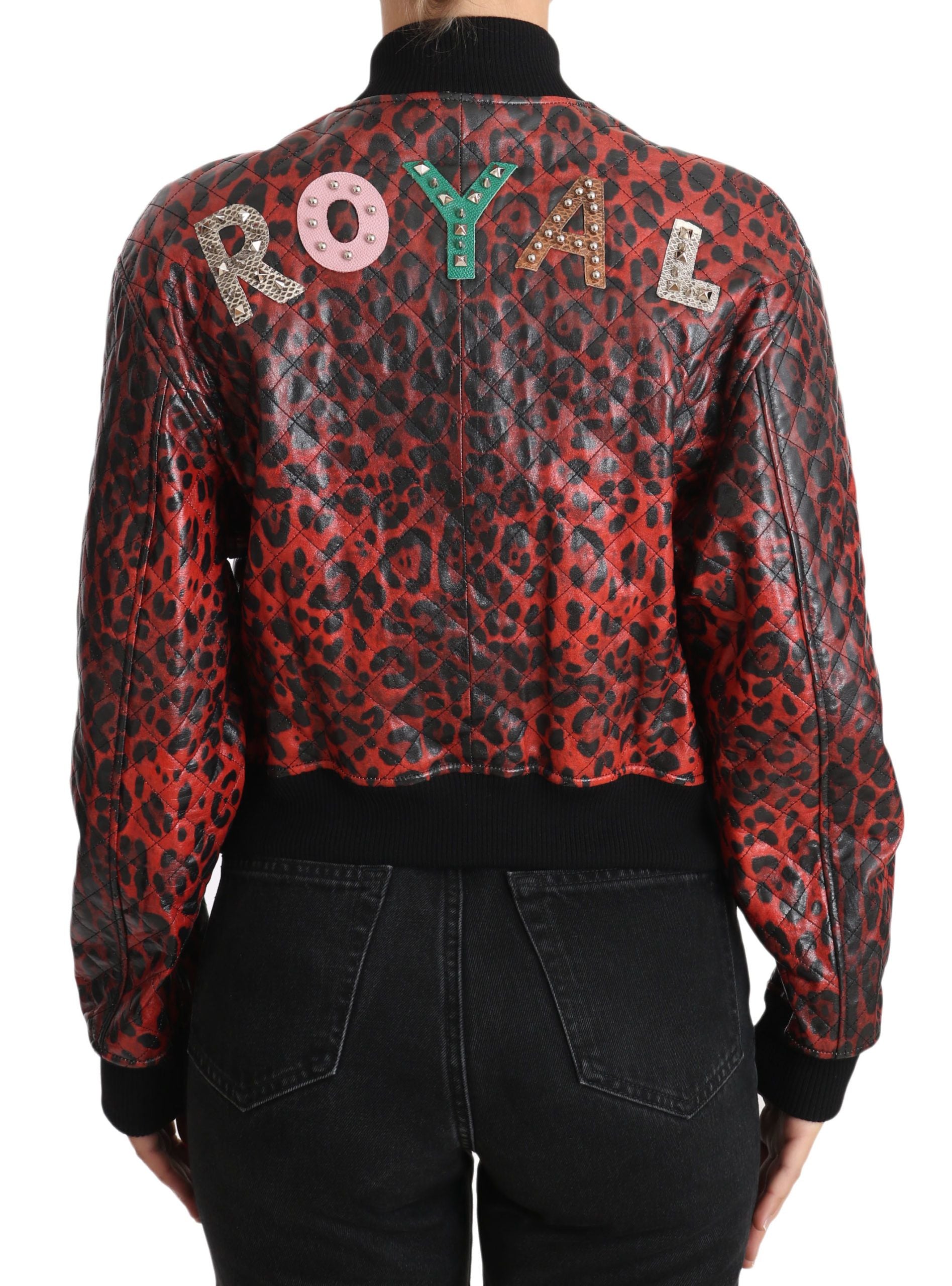 Red Leopard Bomber Leather Jacket with Crystal Buttons - ventzia
