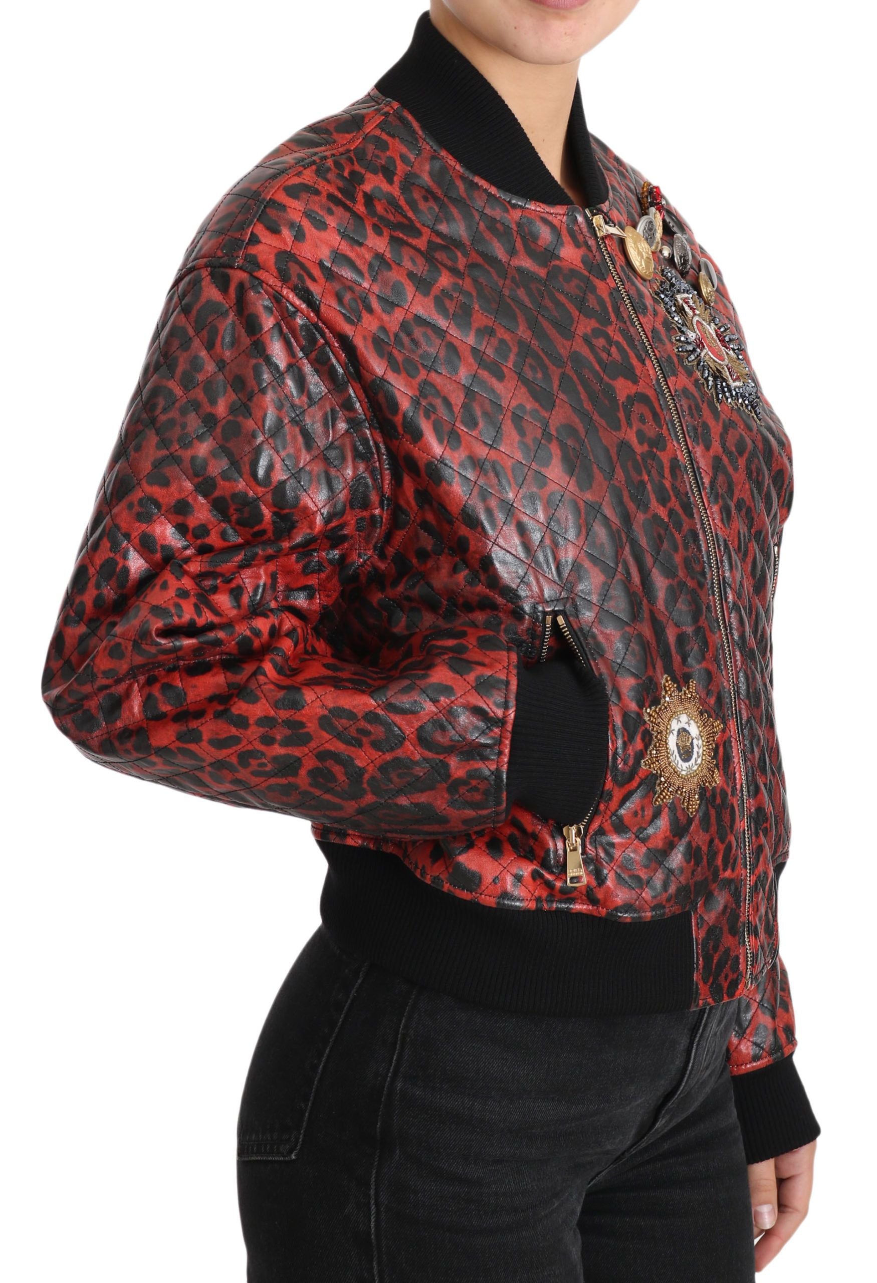 Red Leopard Bomber Leather Jacket with Crystal Buttons - ventzia