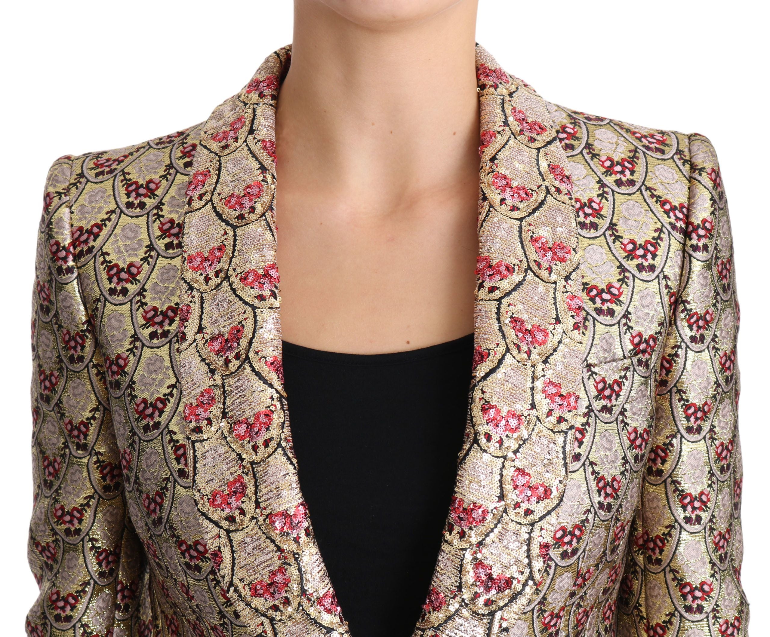 Glittering Gold Floral Sequined Blazer Jacket - ventzia