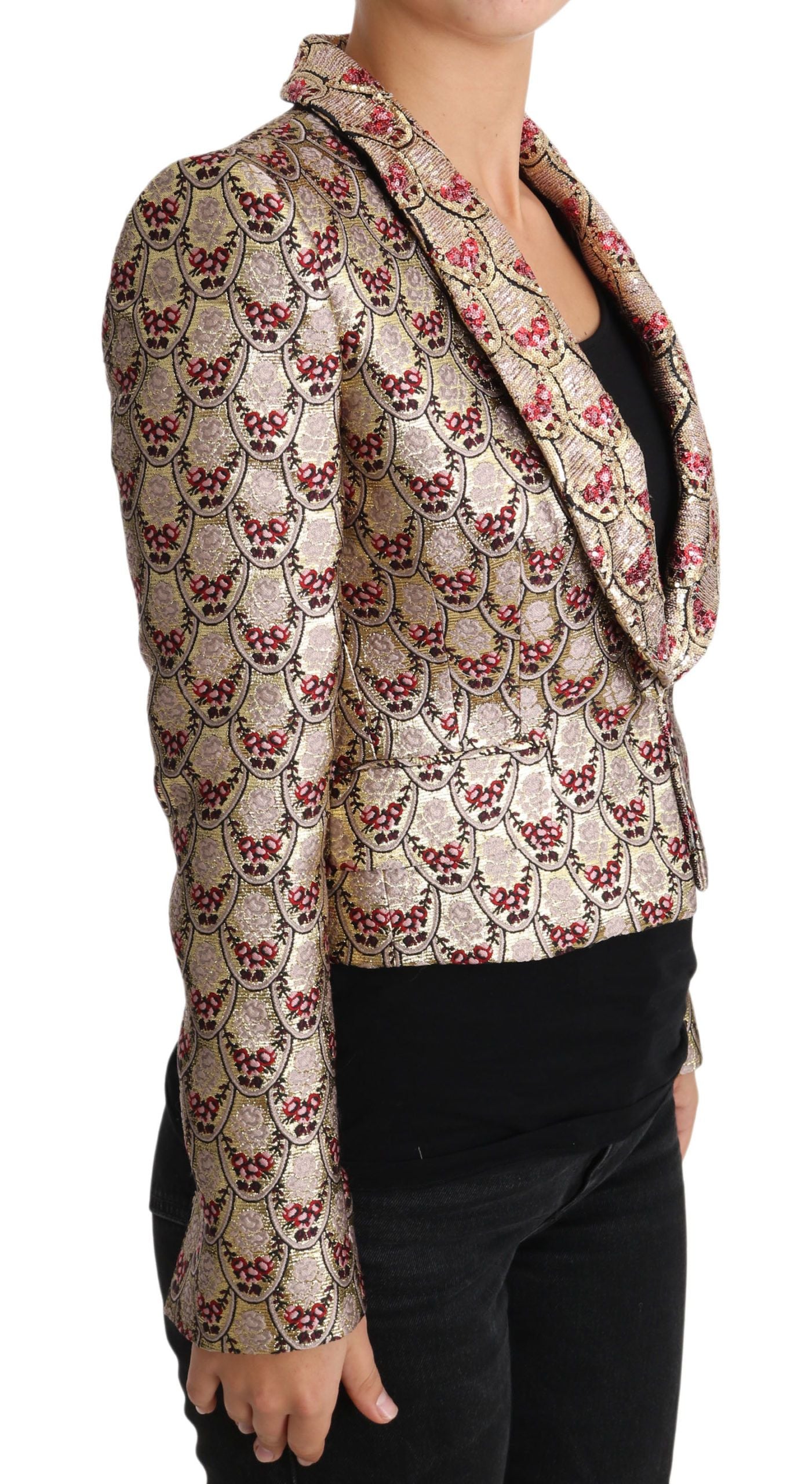 Glittering Gold Floral Sequined Blazer Jacket - ventzia