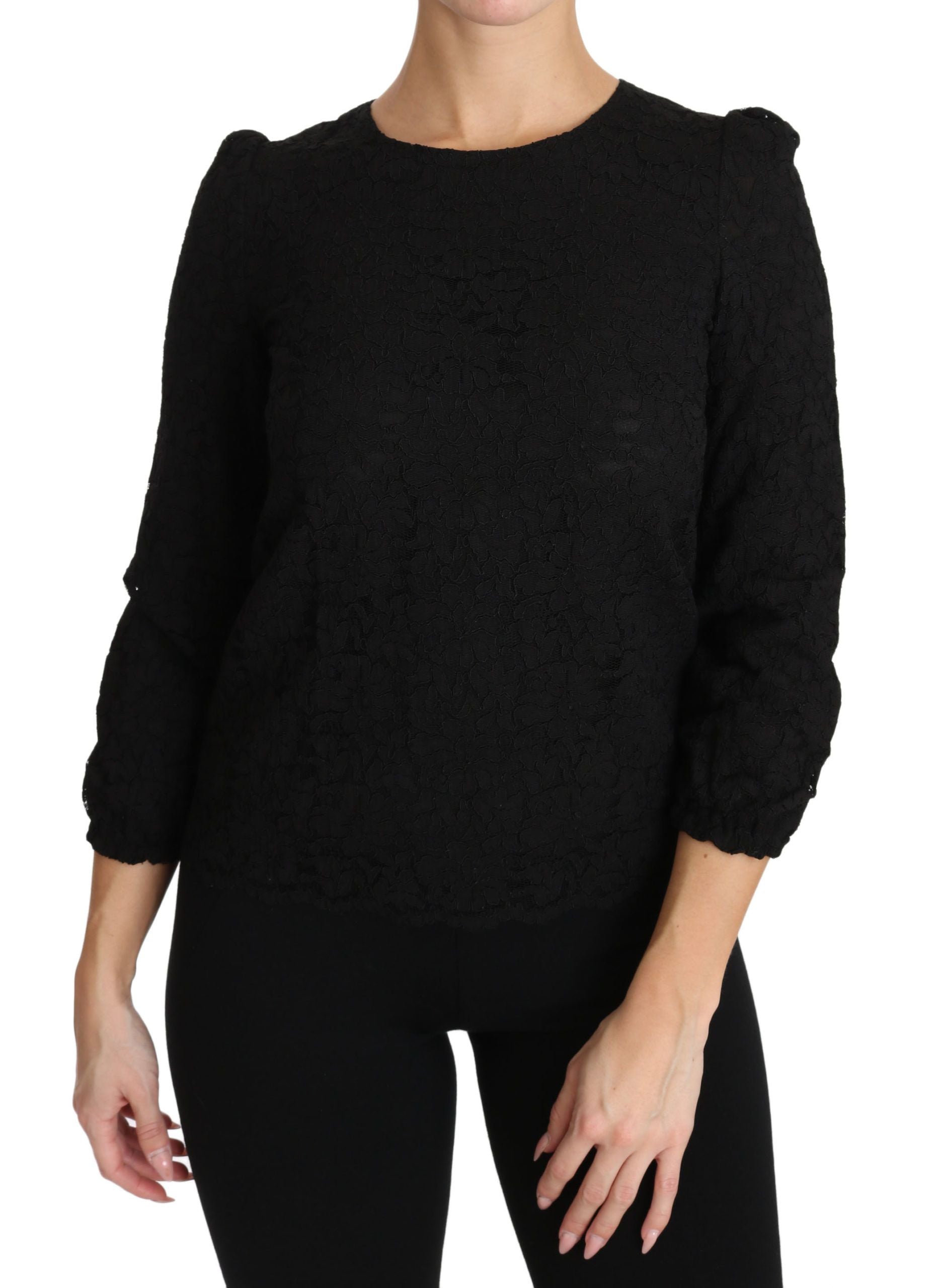 Elegant Black Floral Crewneck Blouse - ventzia