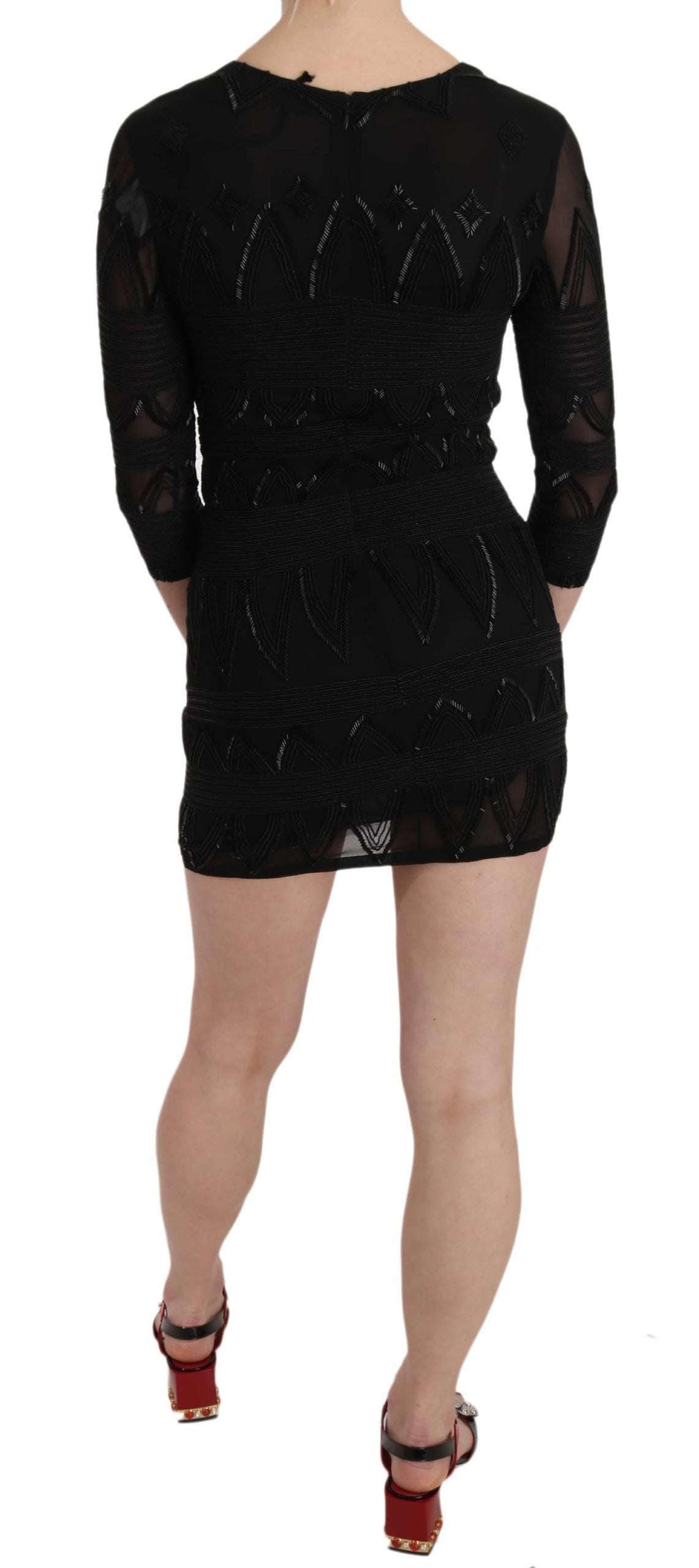 Elegant Black Silk Mini Dress with Sequins - ventzia