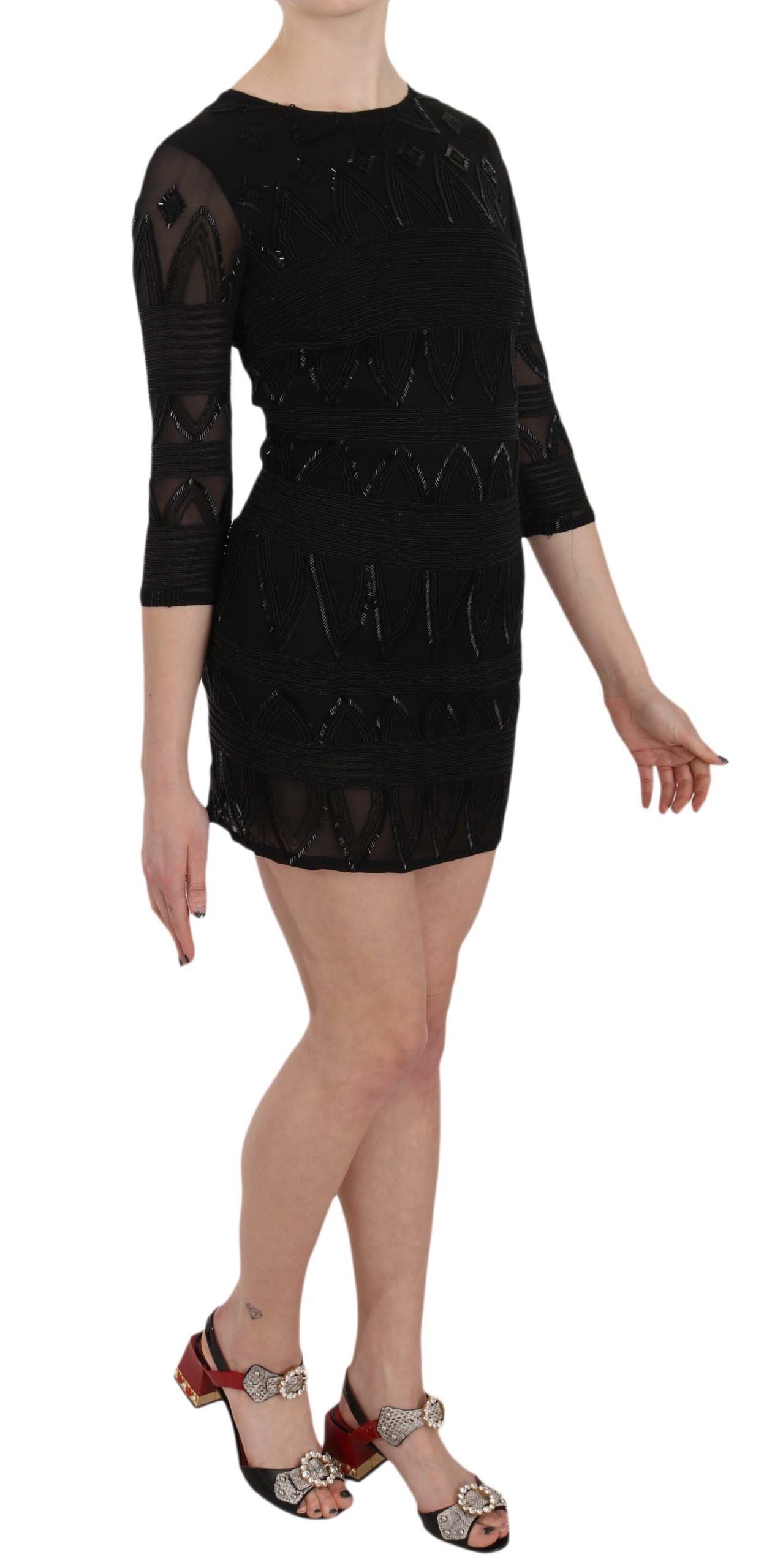 Elegant Black Silk Mini Dress with Sequins - ventzia