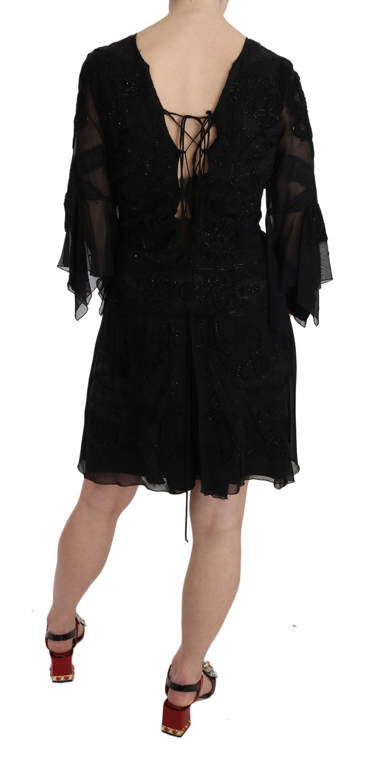 Elegant Black Sequined Silk Mini Dress - ventzia