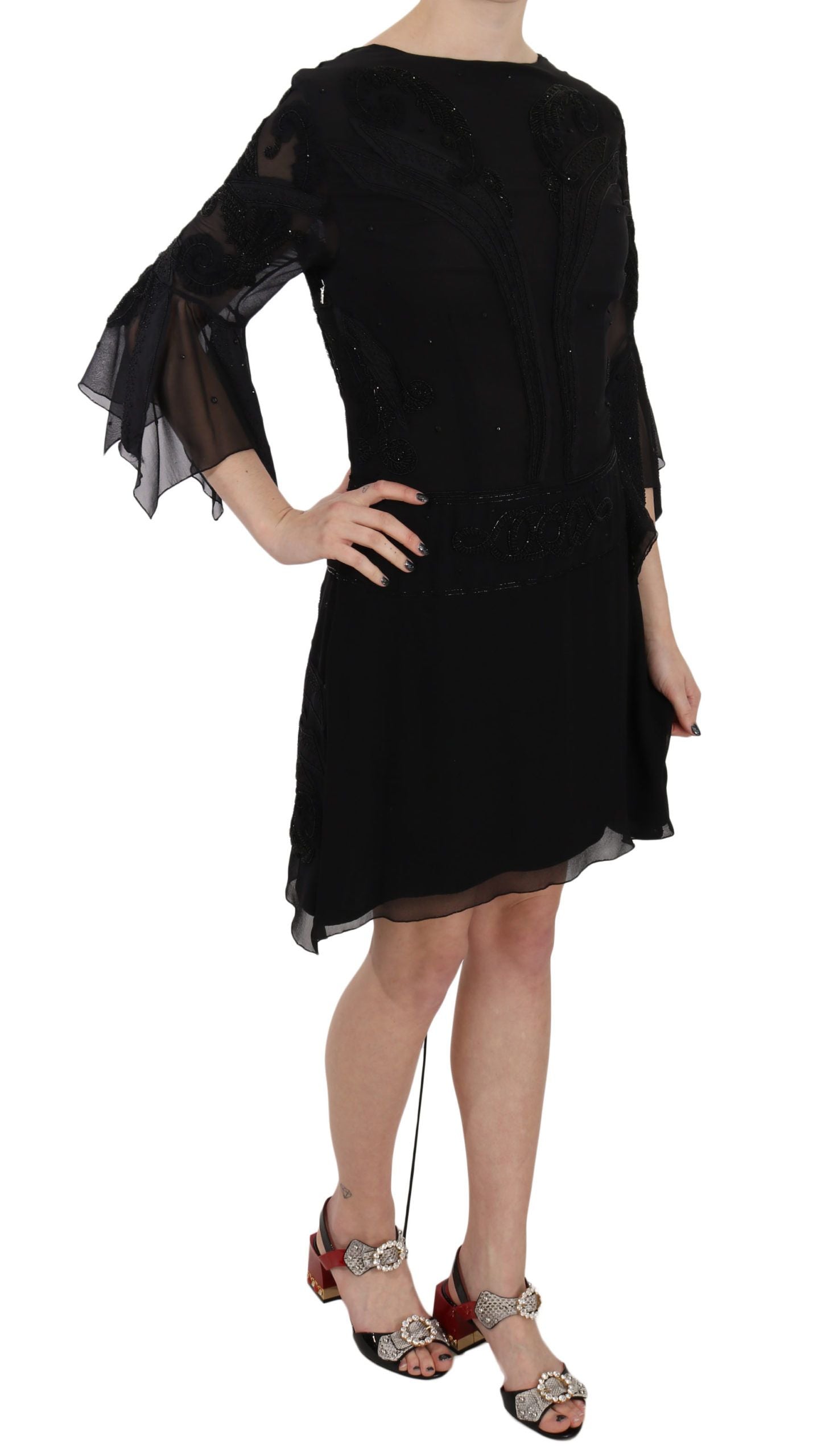 Elegant Black Sequined Silk Mini Dress - ventzia