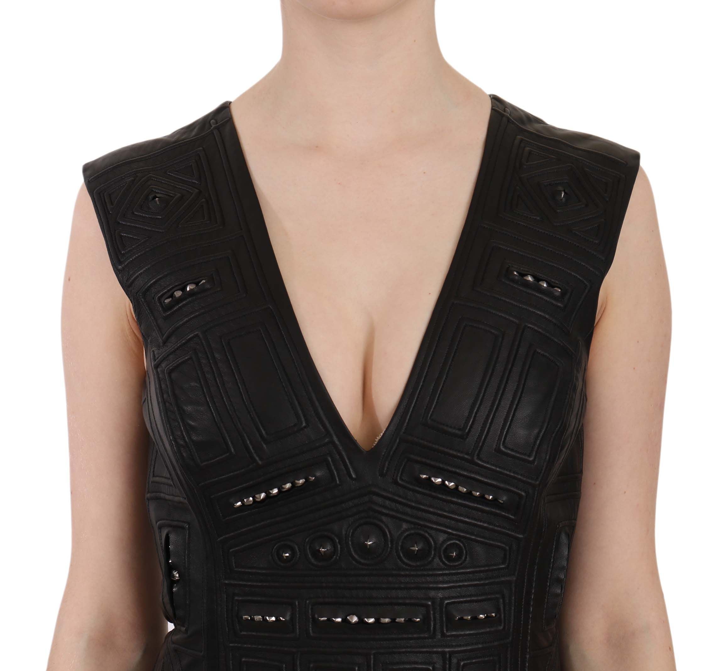 Studded Black Leather Mini Sheath Dress - ventzia