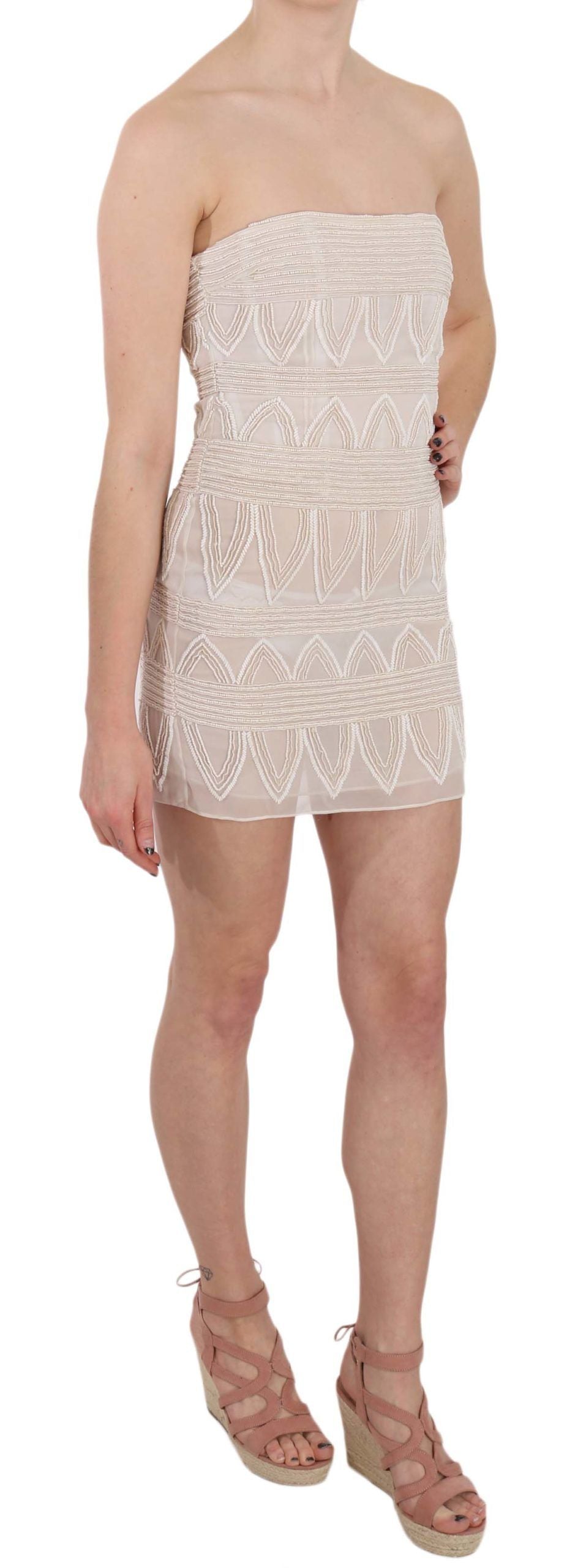 Chic Beige Embellished Silk Mini Dress - ventzia