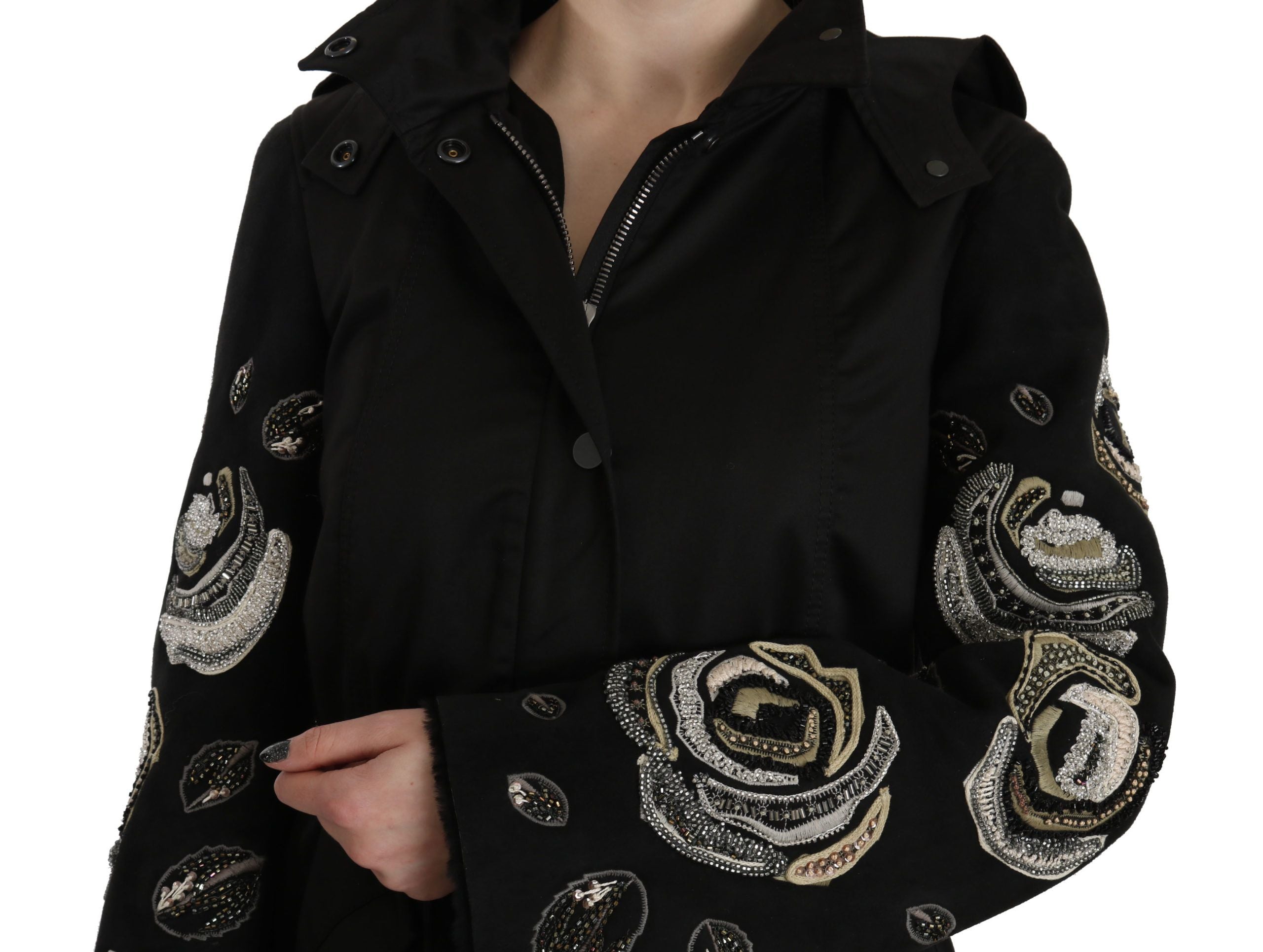 Elegant Black Beaded Parka Jacket for Women - ventzia