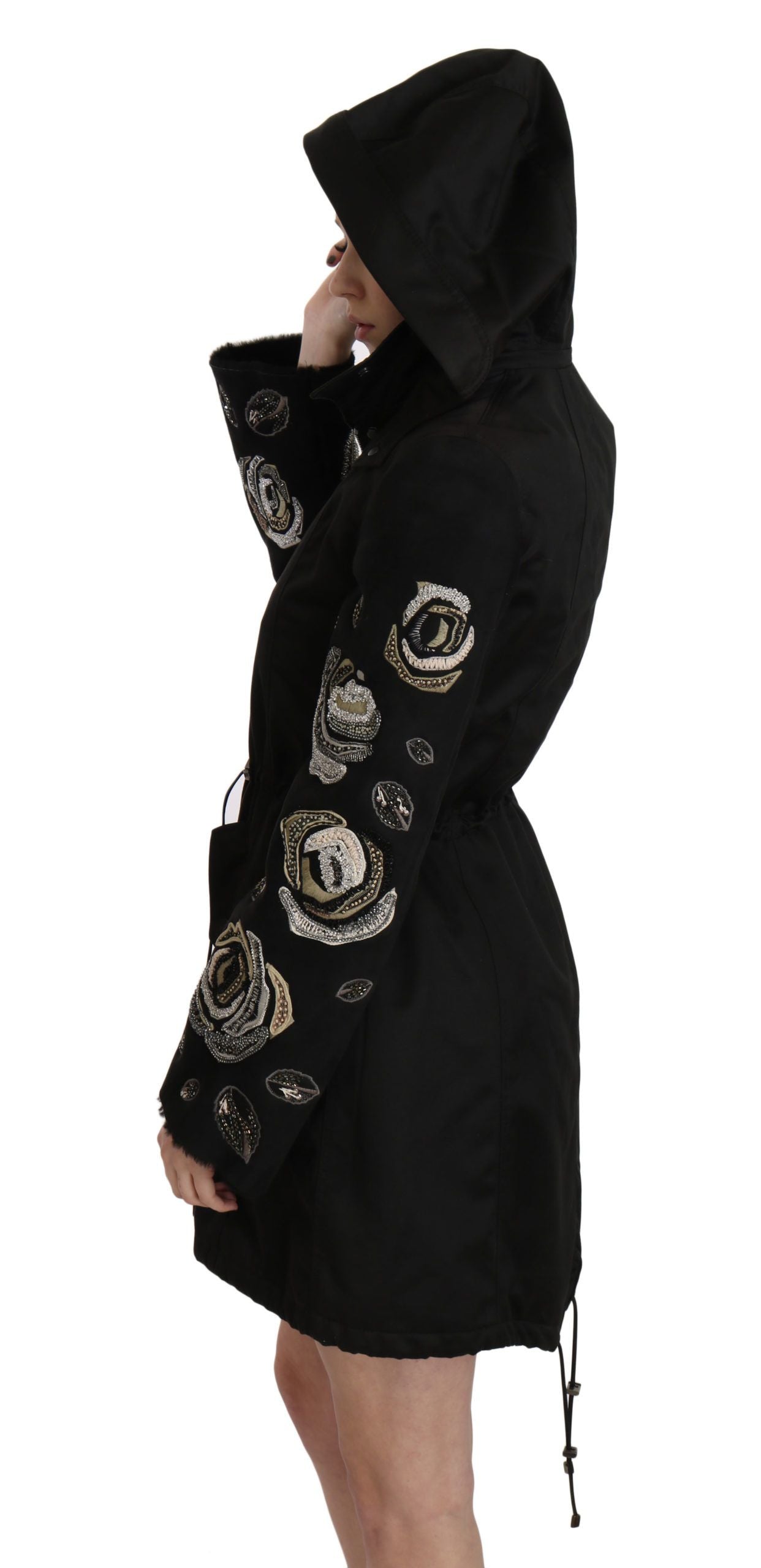 Elegant Black Beaded Parka Jacket for Women - ventzia