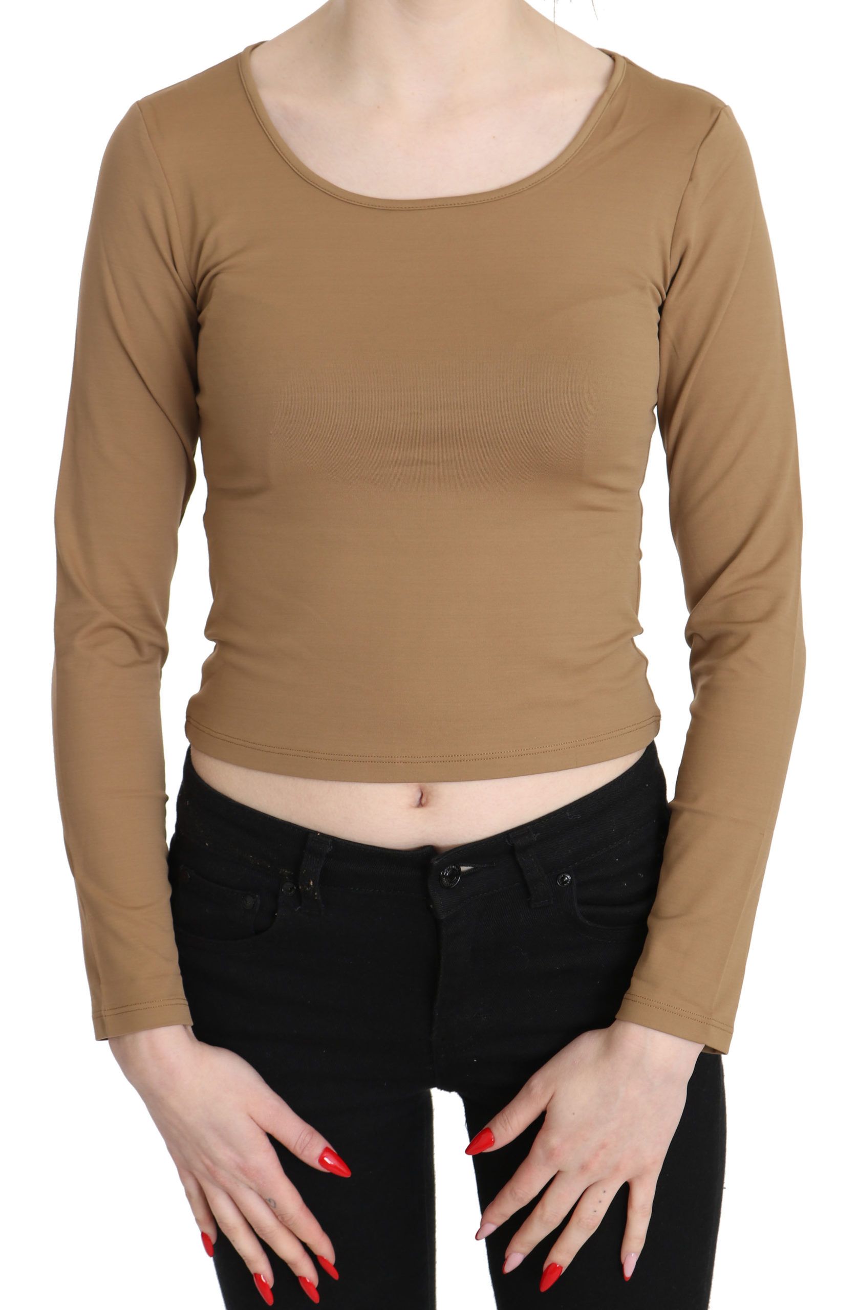 Elegant Brown Long Sleeve Cropped Top - ventzia