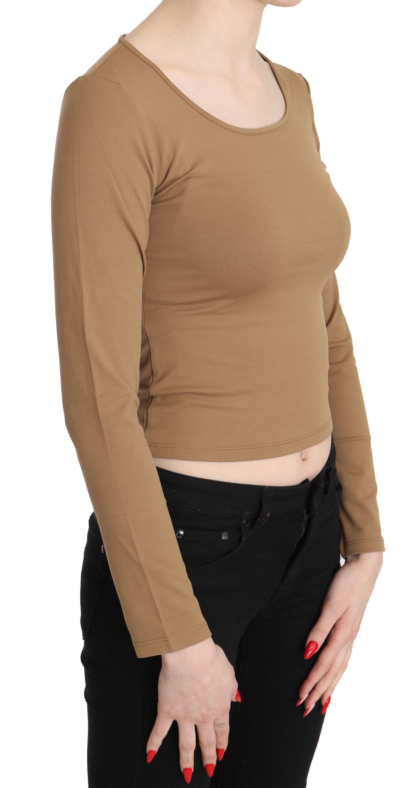 Elegant Brown Long Sleeve Cropped Top - ventzia