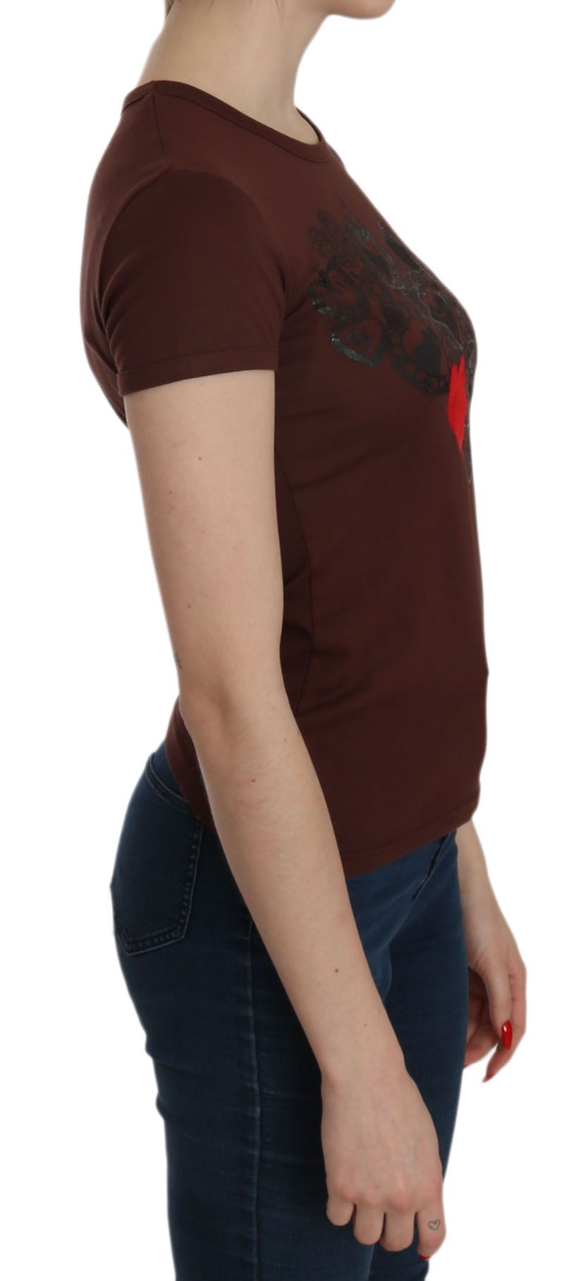 Chic Brown Heart Print Crew Neck Top - ventzia