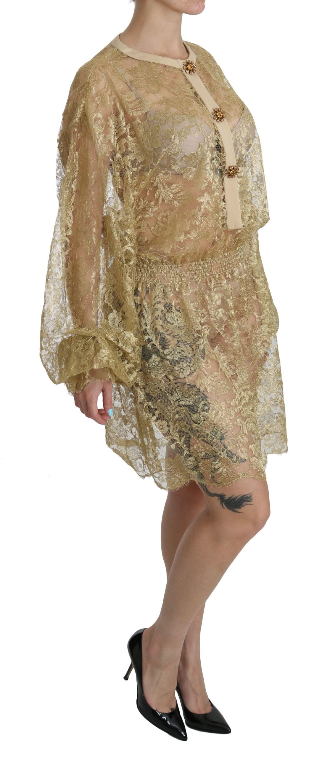 Elegant Gold Lace A-Line Knee Length Dress - ventzia