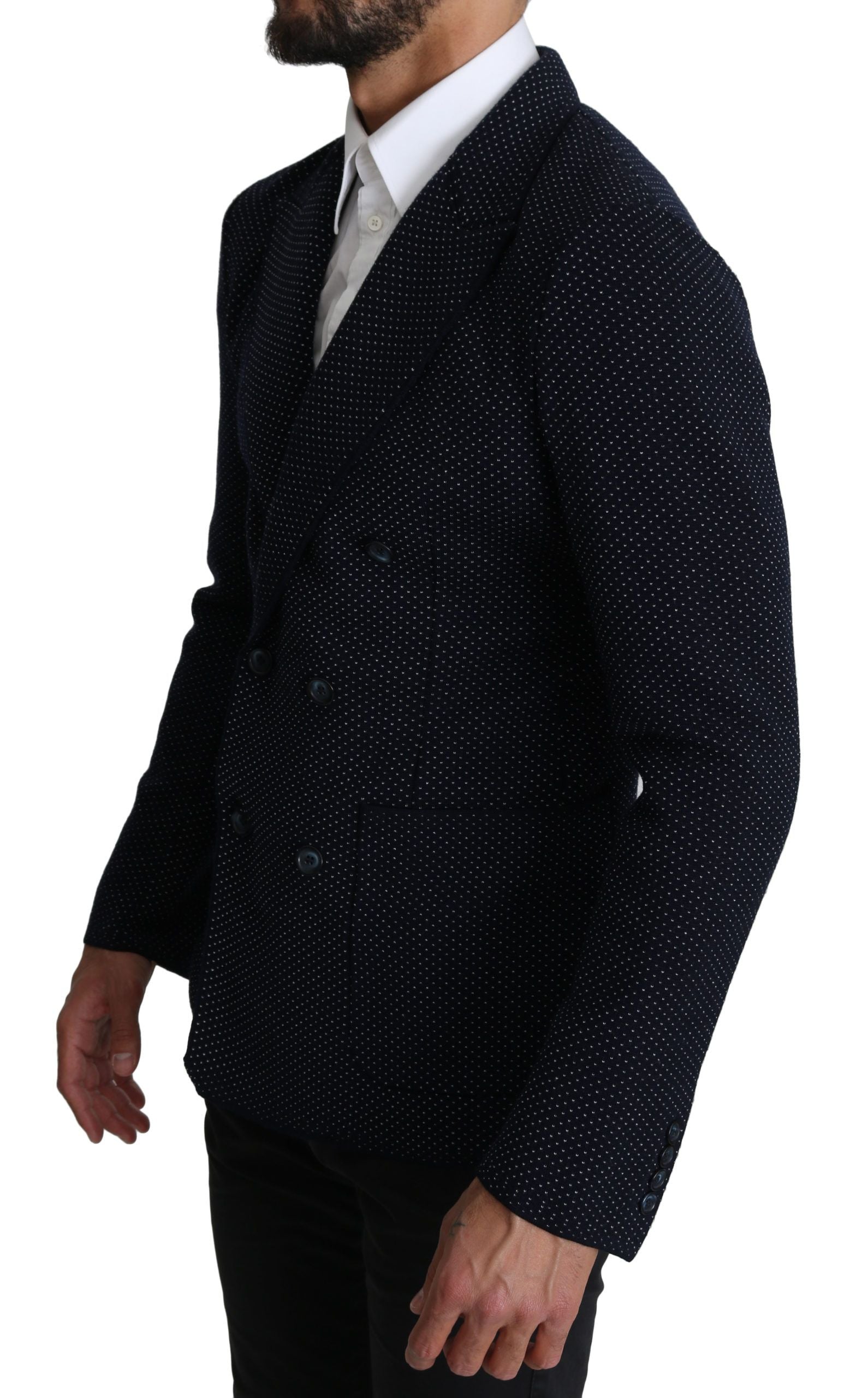 Elegant Dark Blue Dotted Slim-Fit Blazer - ventzia