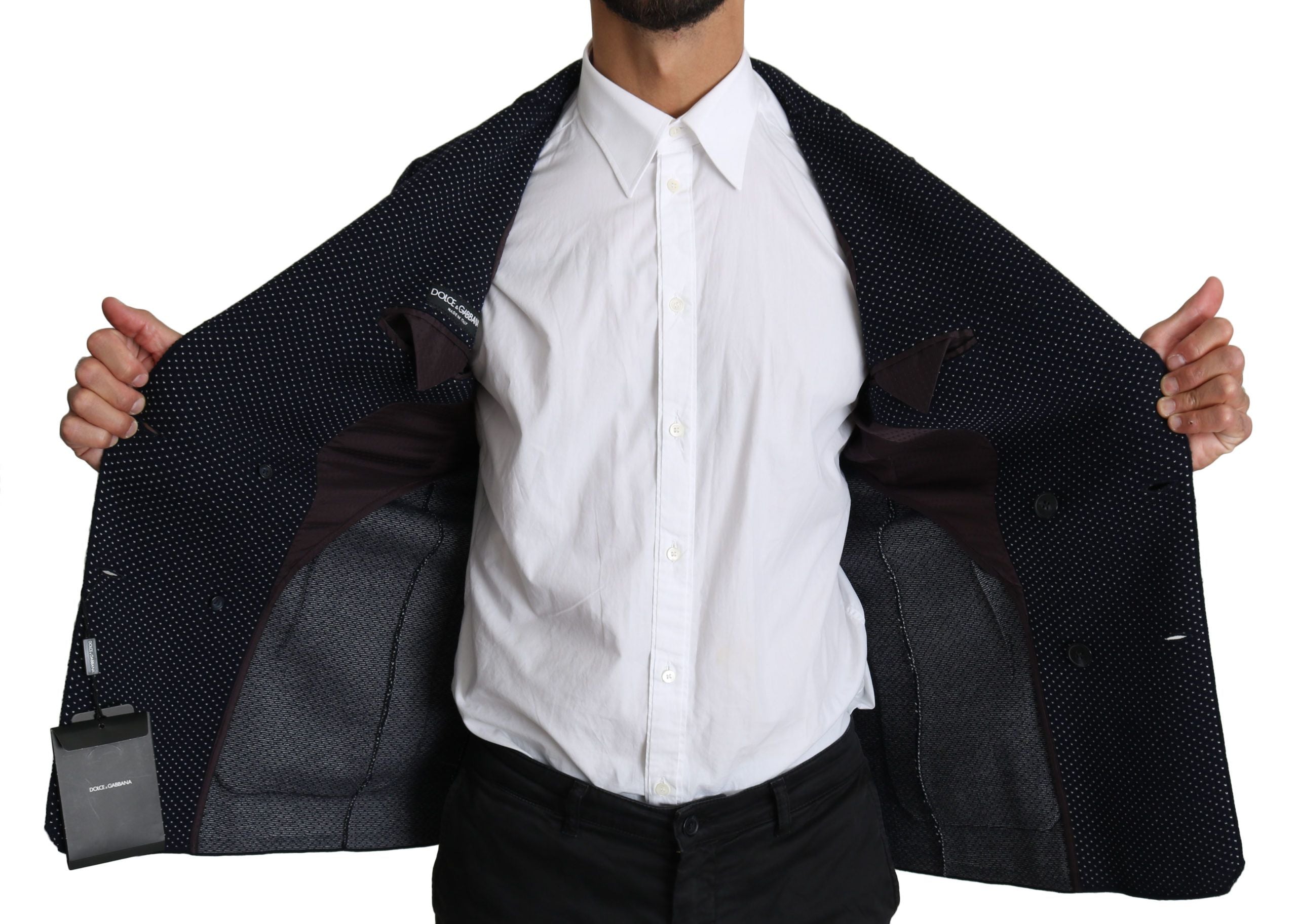 Elegant Dark Blue Dotted Slim-Fit Blazer - ventzia