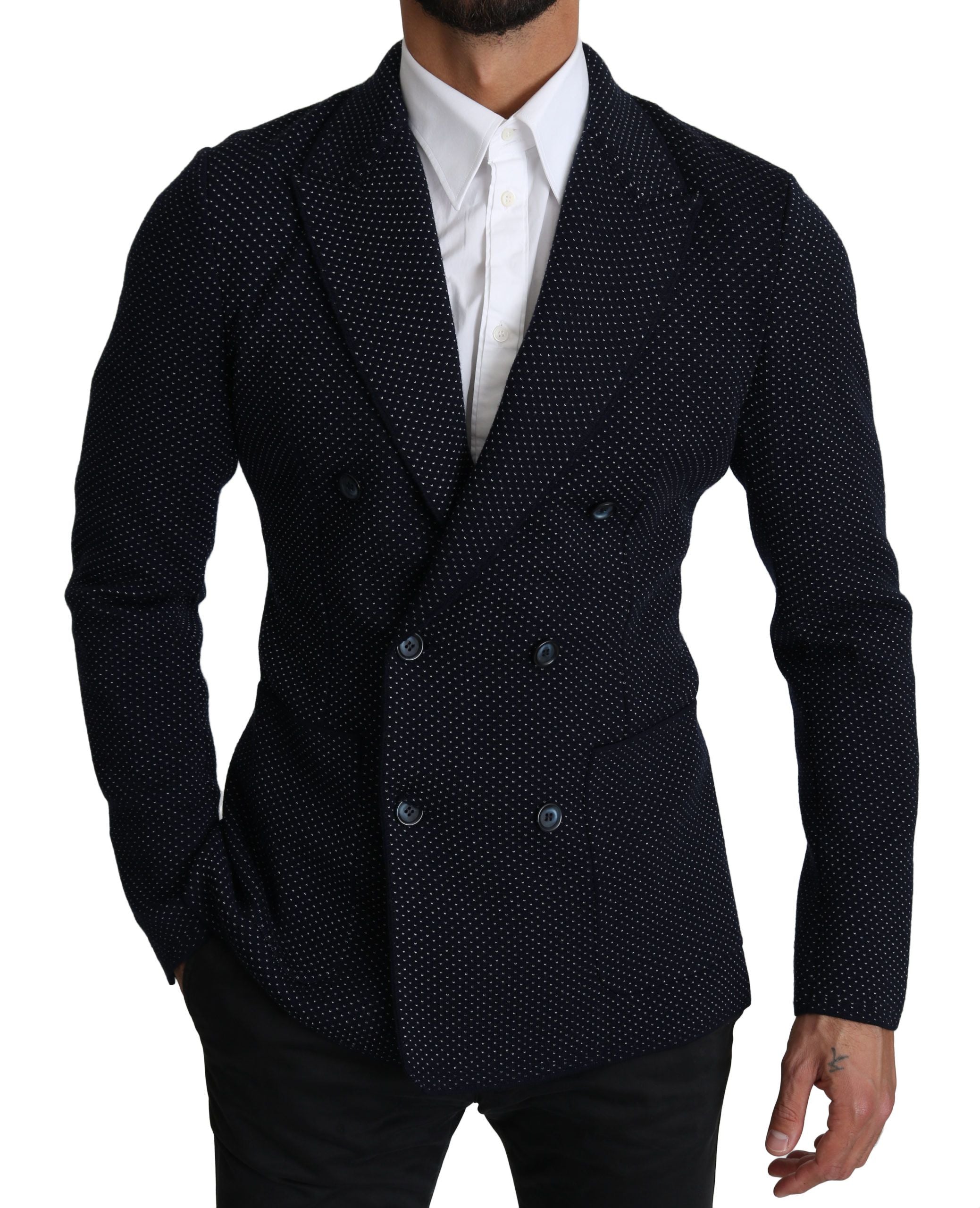 Elegant Dark Blue Dotted Slim-Fit Blazer - ventzia