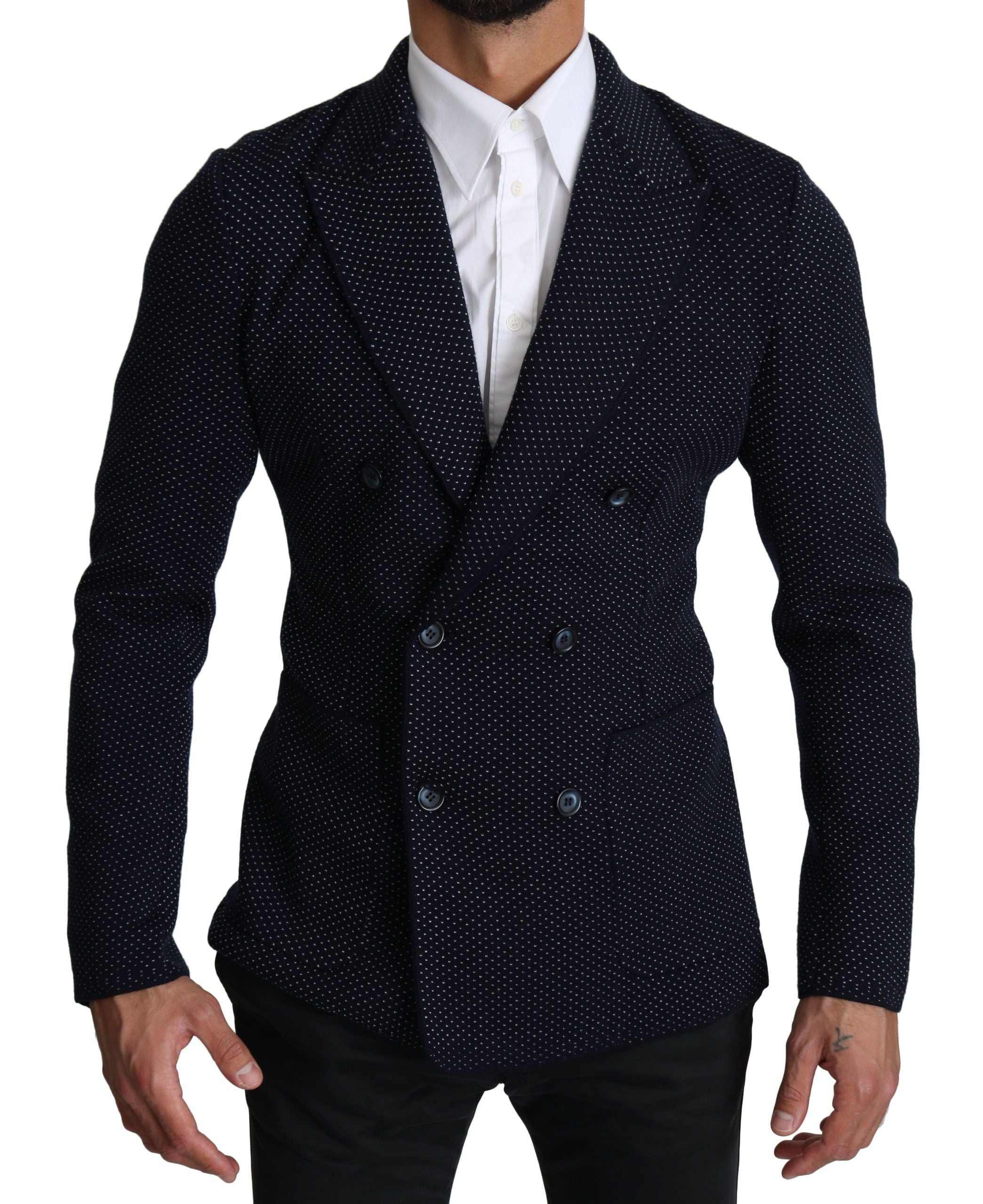Elegant Dark Blue Dotted Slim-Fit Blazer - ventzia