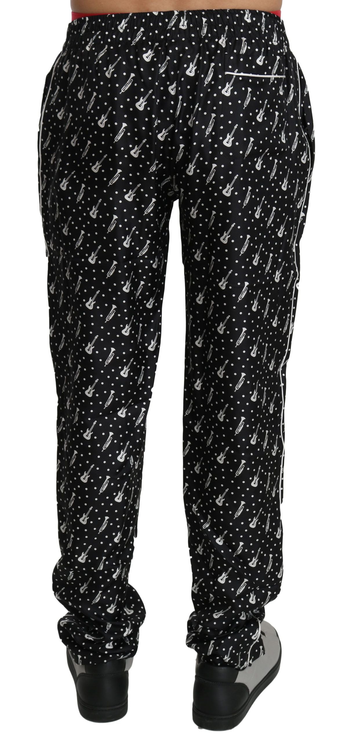 Elegant Black Musical Instrument Print Silk Pants - ventzia
