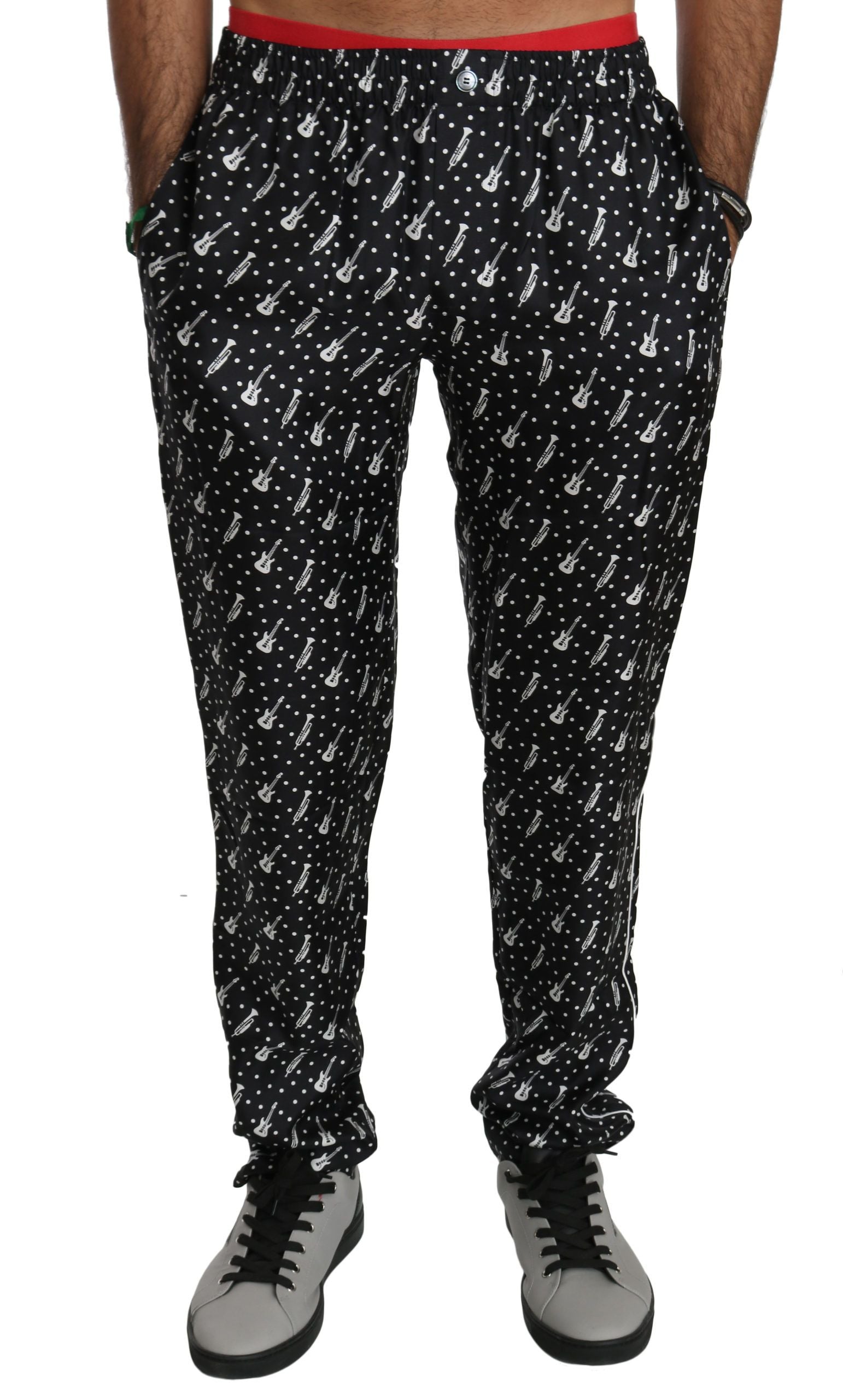 Elegant Black Musical Instrument Print Silk Pants - ventzia