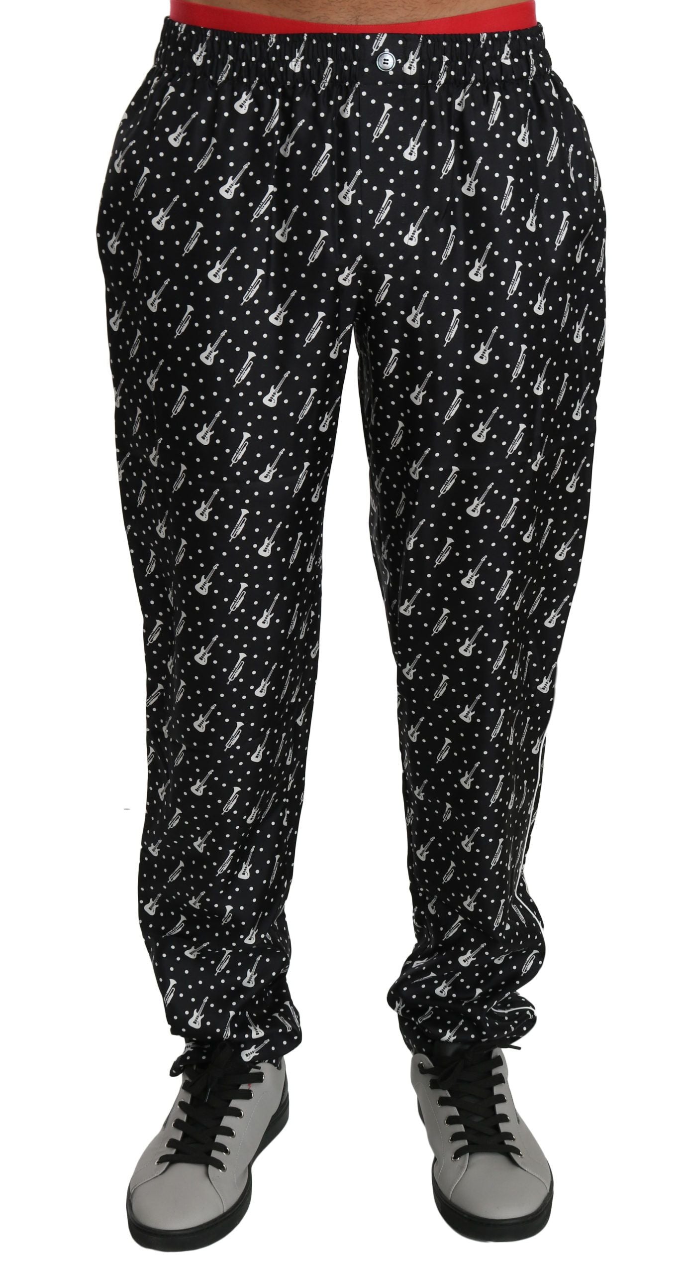 Elegant Black Musical Instrument Print Silk Pants - ventzia