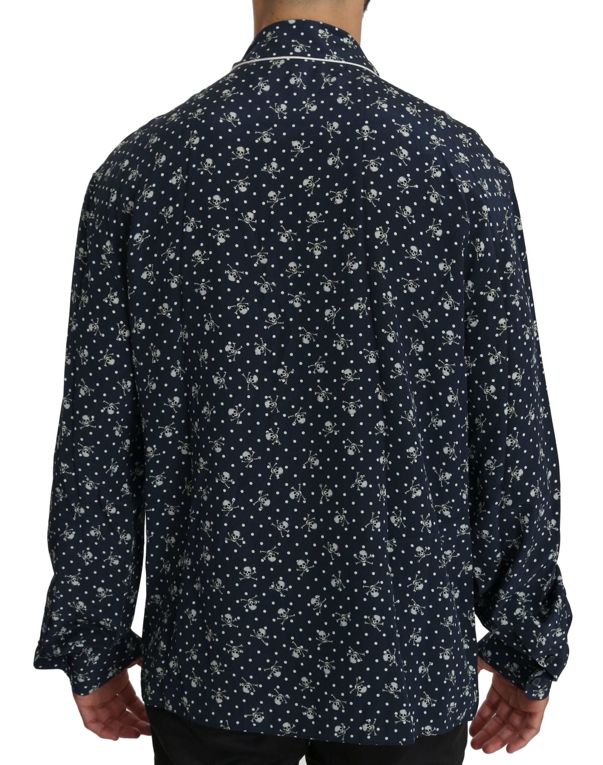 Silken Elegance: Blue Skull Print Lounge Shirt - ventzia