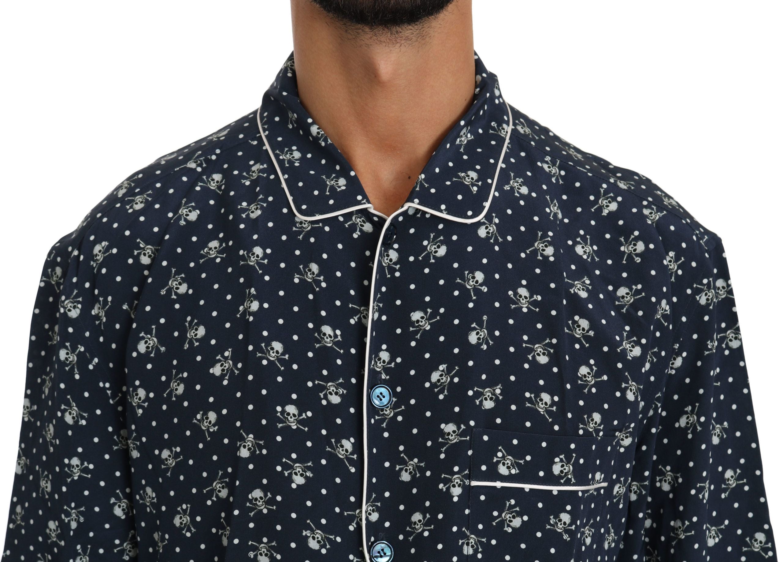 Silken Elegance: Blue Skull Print Lounge Shirt - ventzia