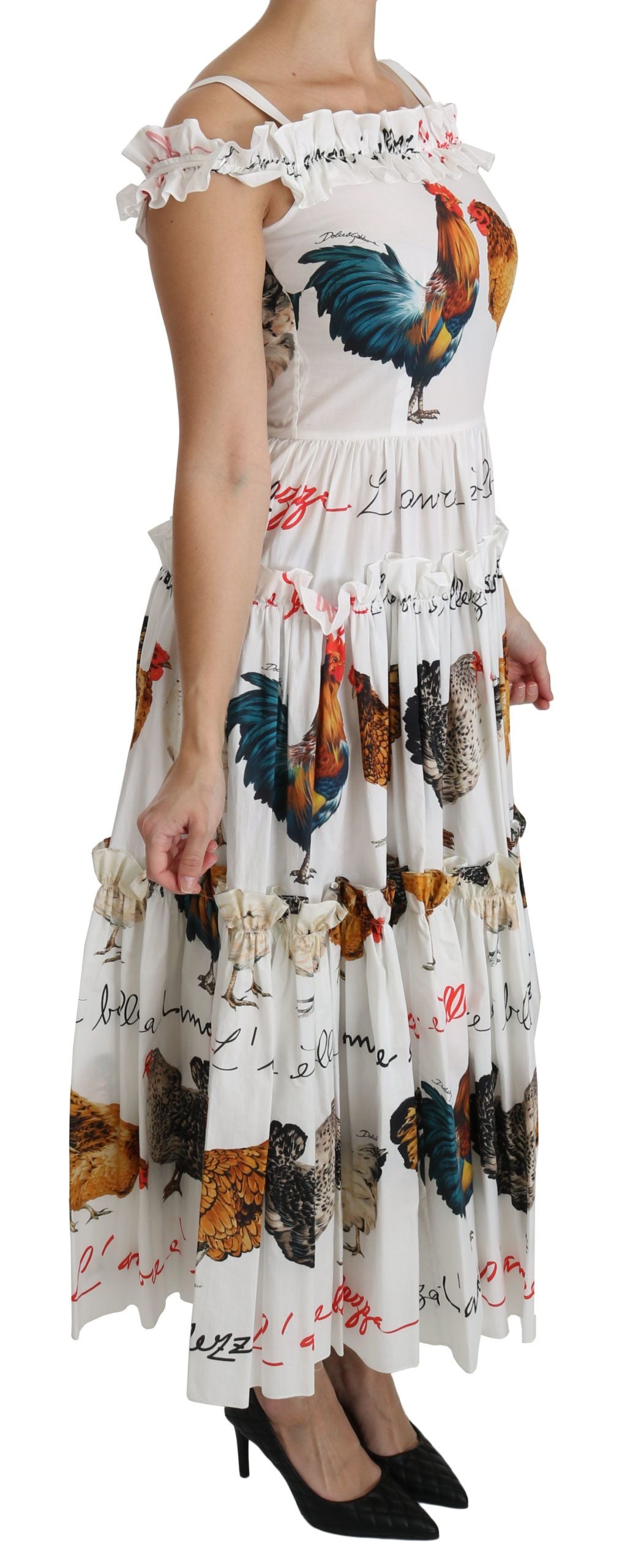 Elegant White Rooster Print Sheath Midi Dress - ventzia