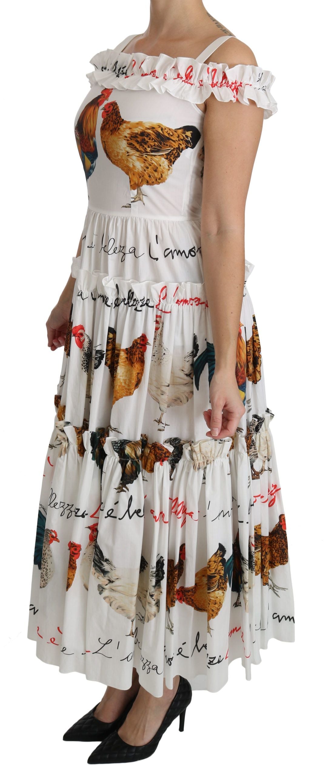 Elegant White Rooster Print Sheath Midi Dress - ventzia