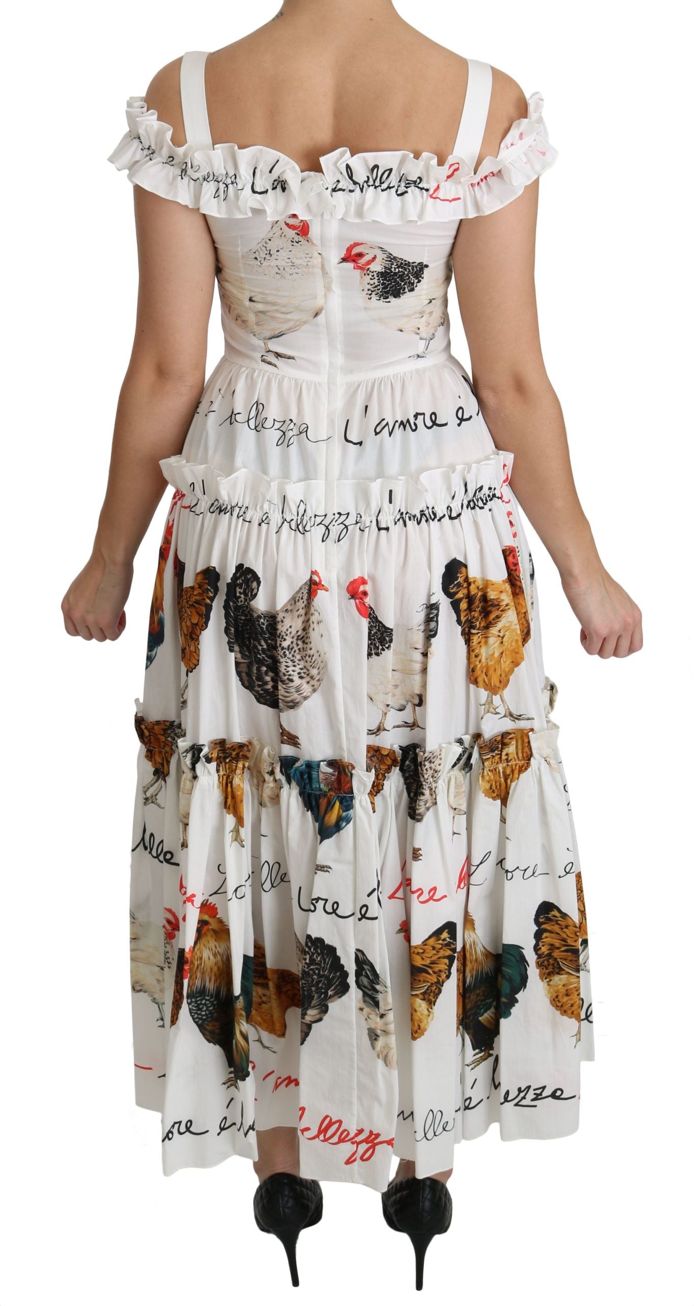 Elegant White Rooster Print Sheath Midi Dress - ventzia