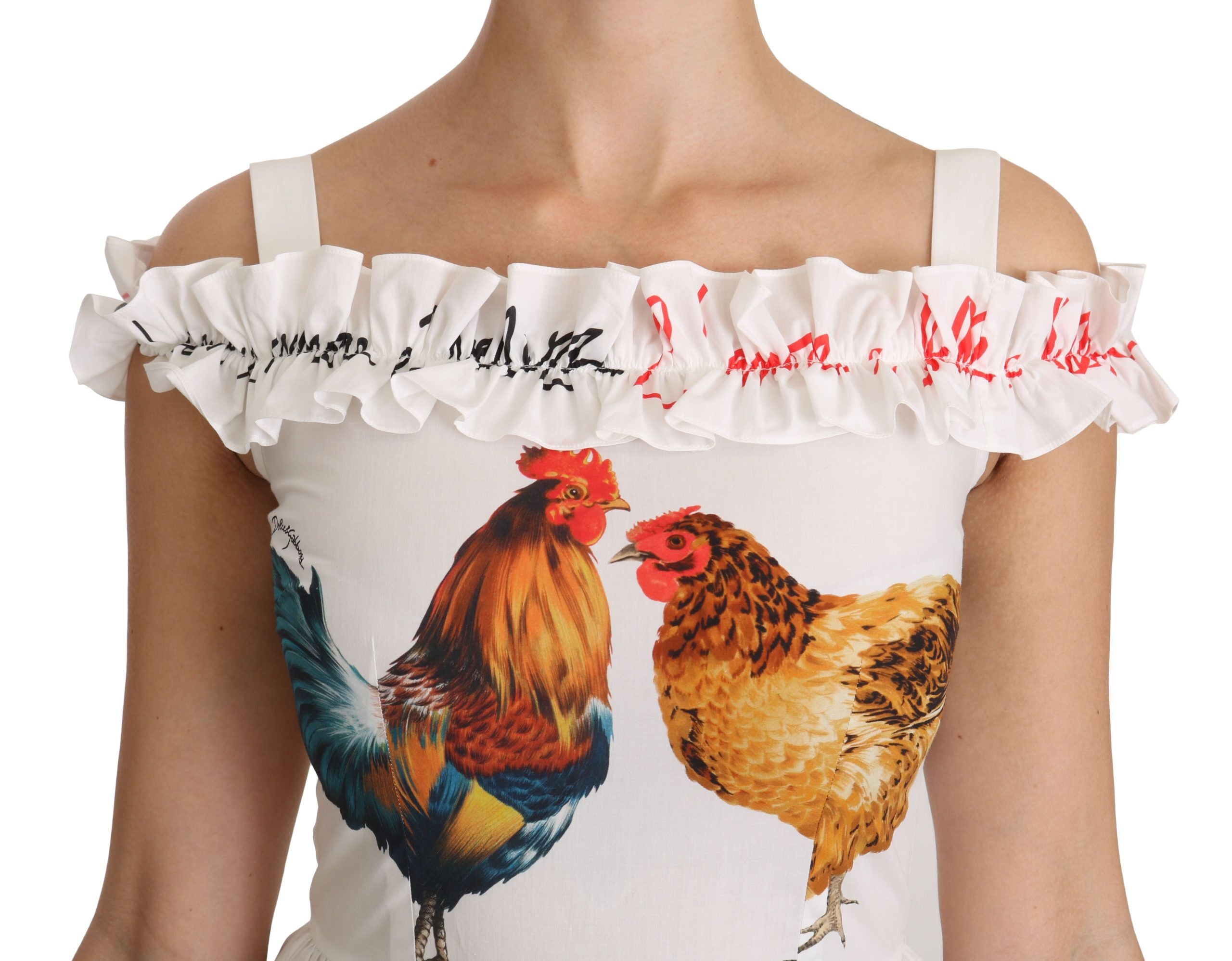 Elegant White Rooster Print Sheath Midi Dress - ventzia