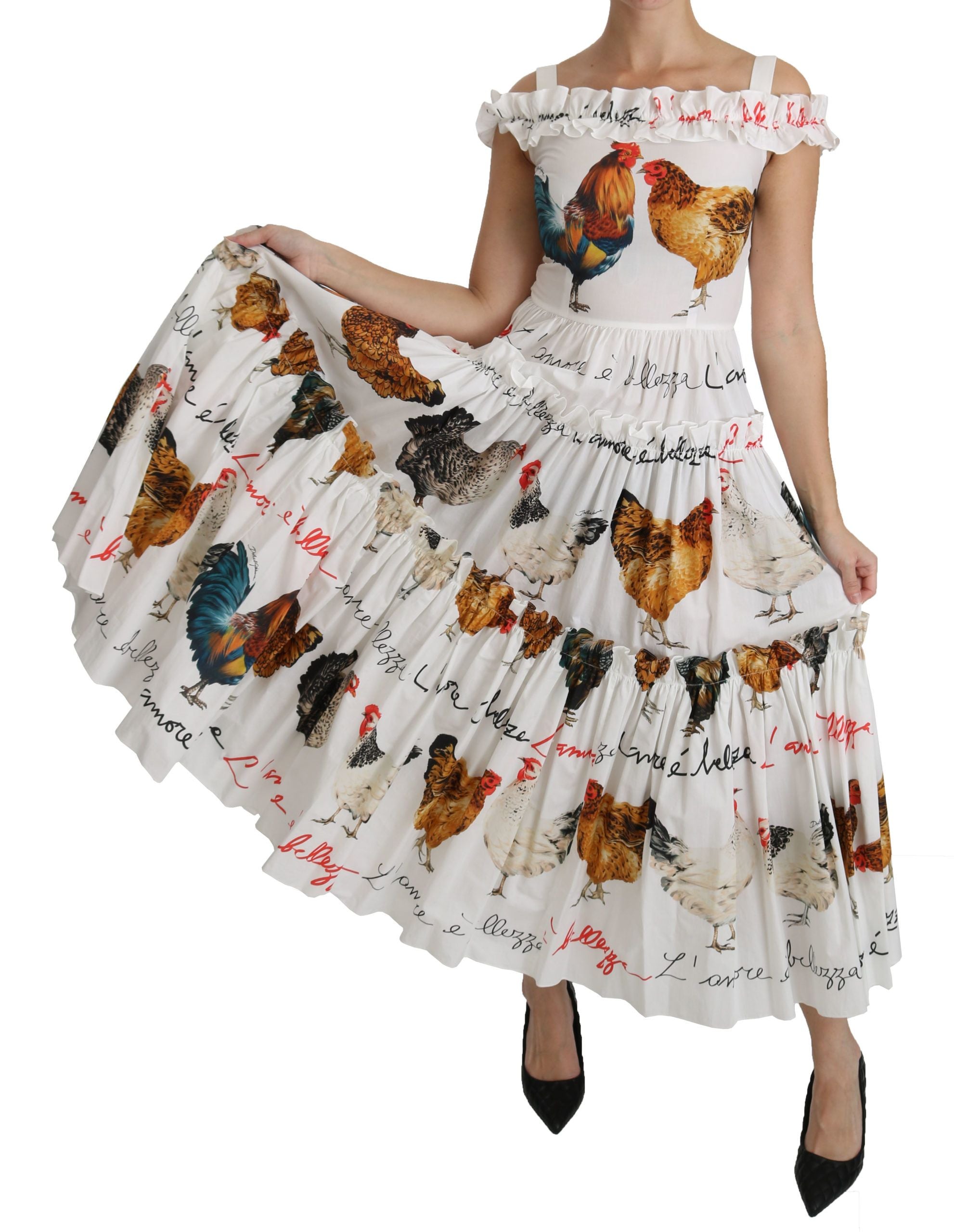 Elegant White Rooster Print Sheath Midi Dress - ventzia