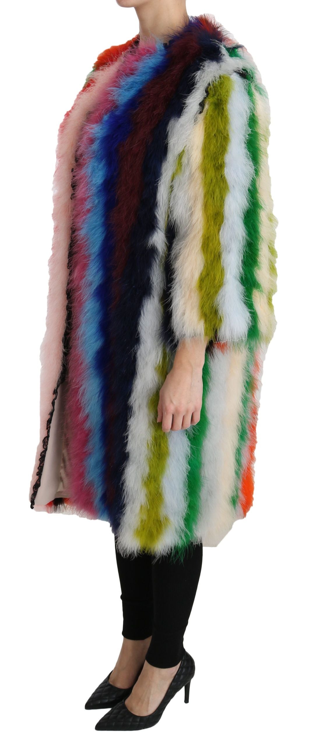 Elegant Multicolor Feather Long Coat Jacket - ventzia