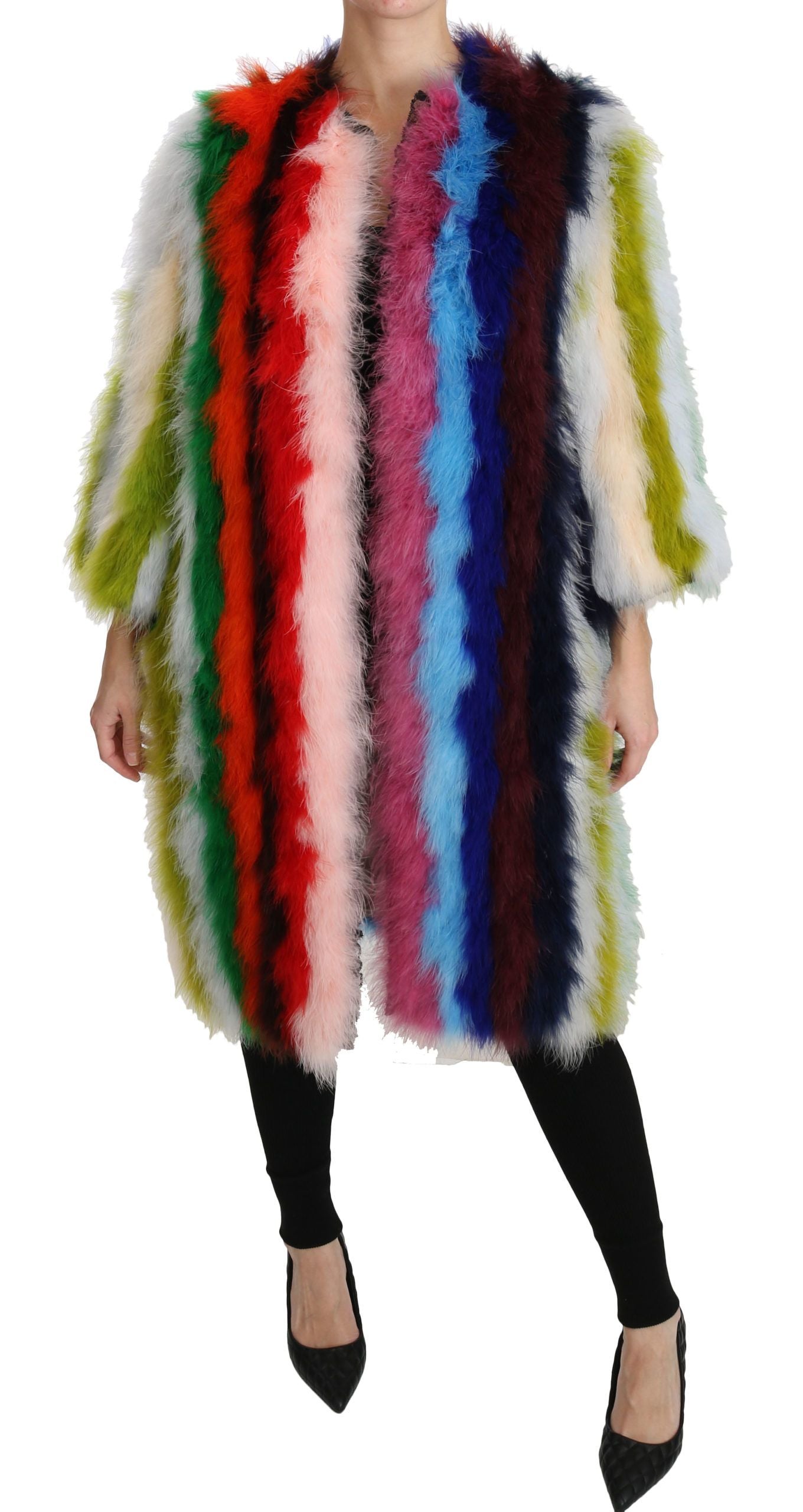 Elegant Multicolor Feather Long Coat Jacket - ventzia