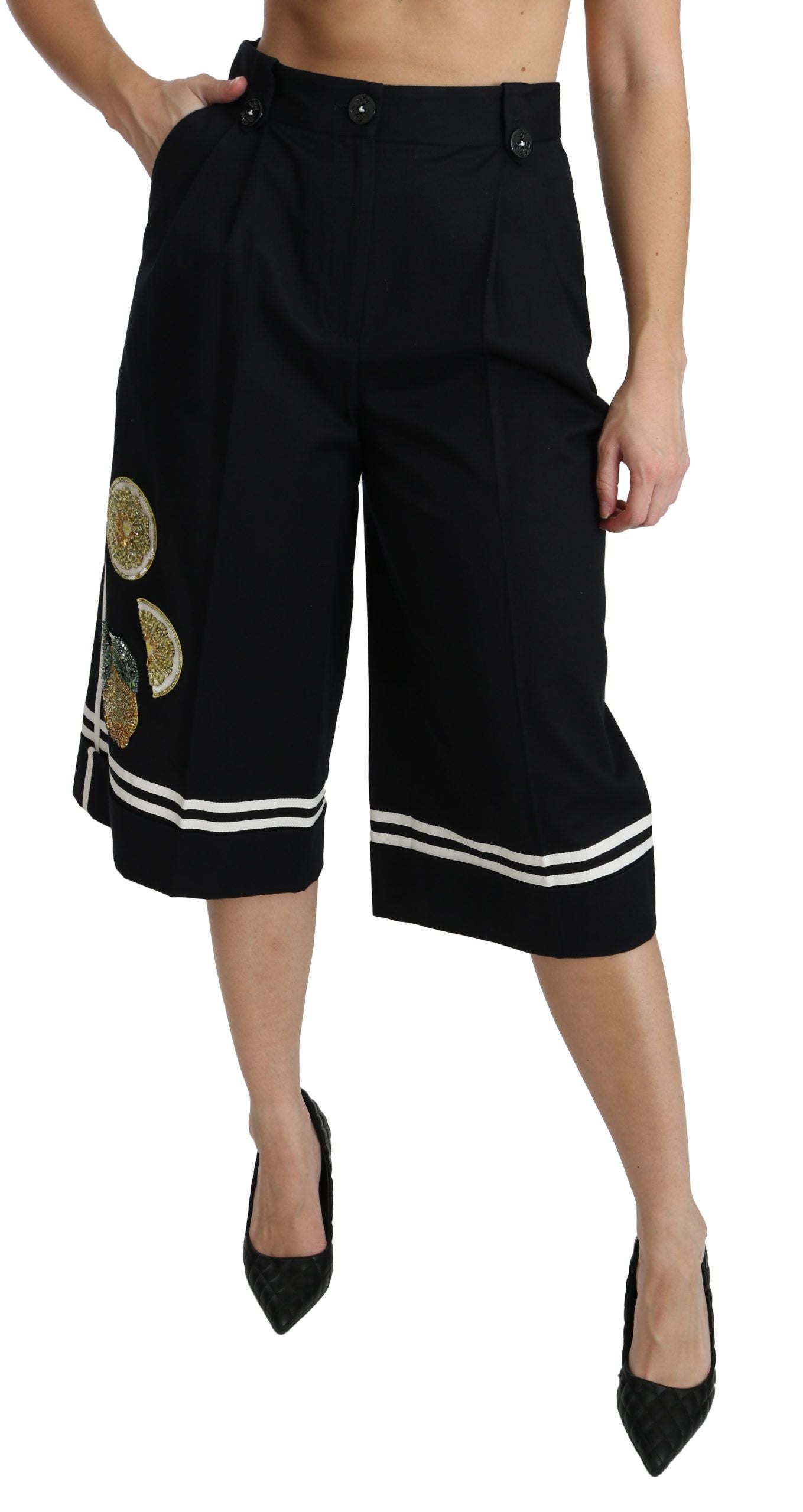 High Waist Palazzo Cropped Pants in Black Lemon - ventzia