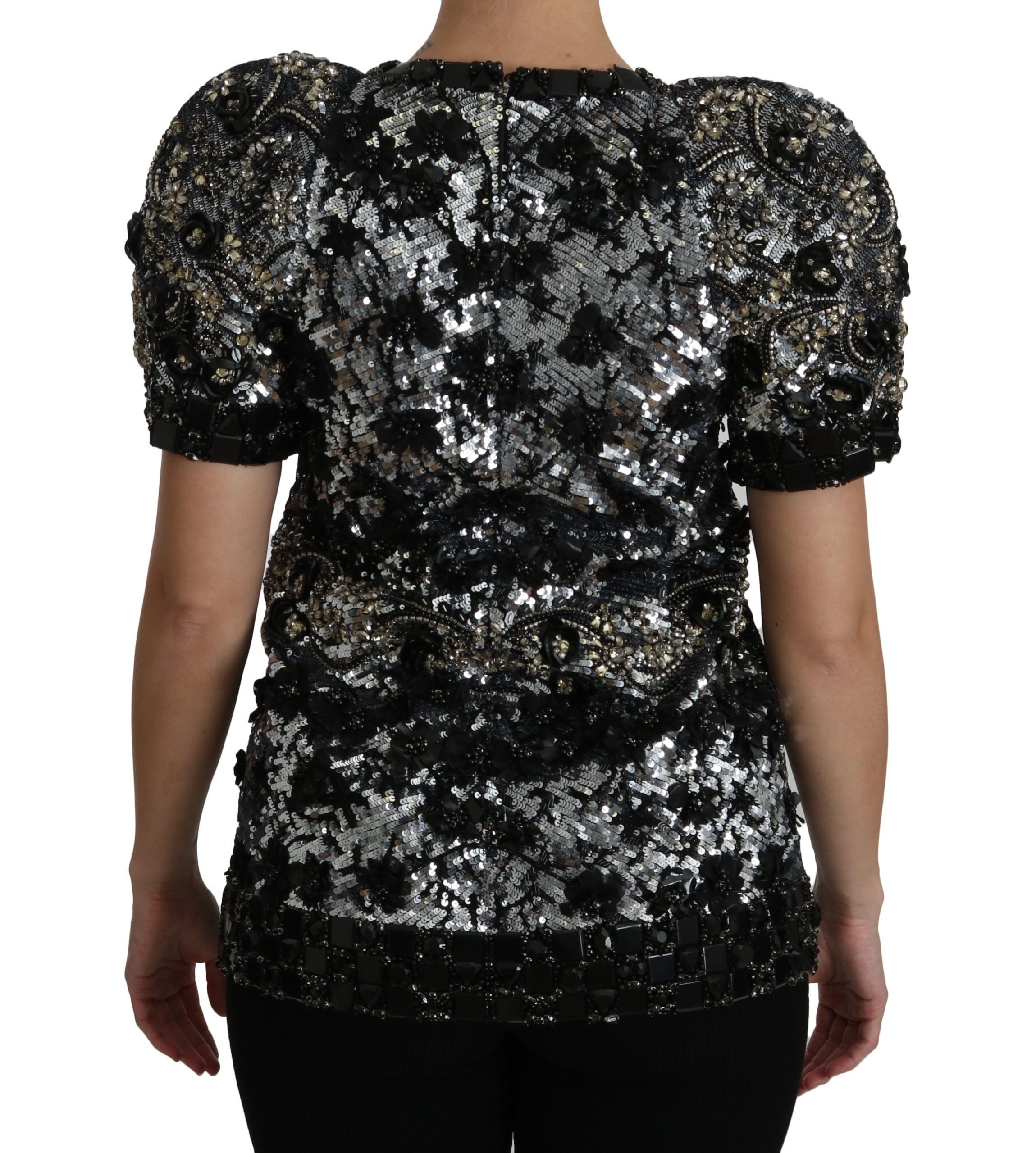 Sequined Crystal Embellished Crew Neck Top - ventzia