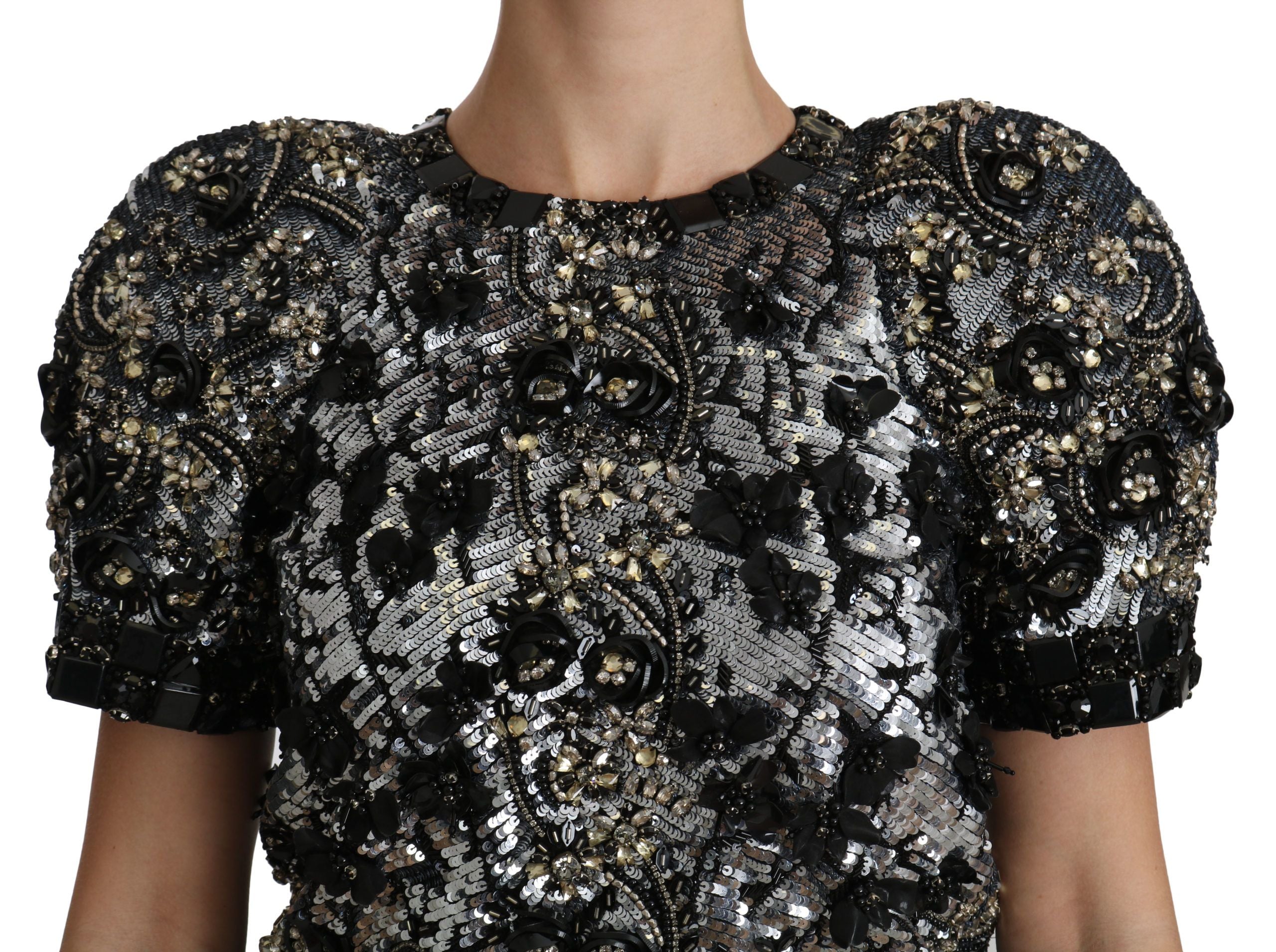 Sequined Crystal Embellished Crew Neck Top - ventzia