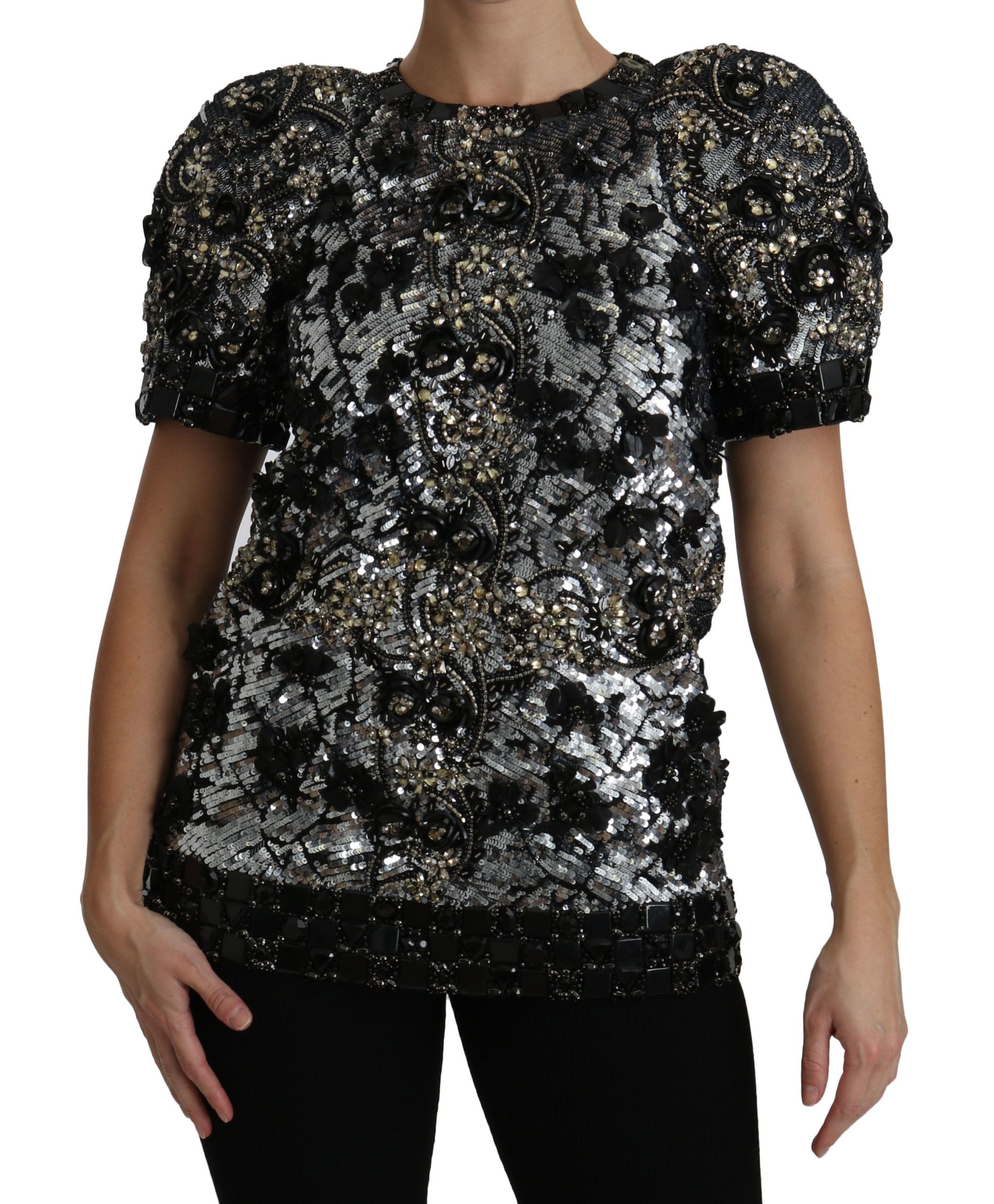 Sequined Crystal Embellished Crew Neck Top - ventzia