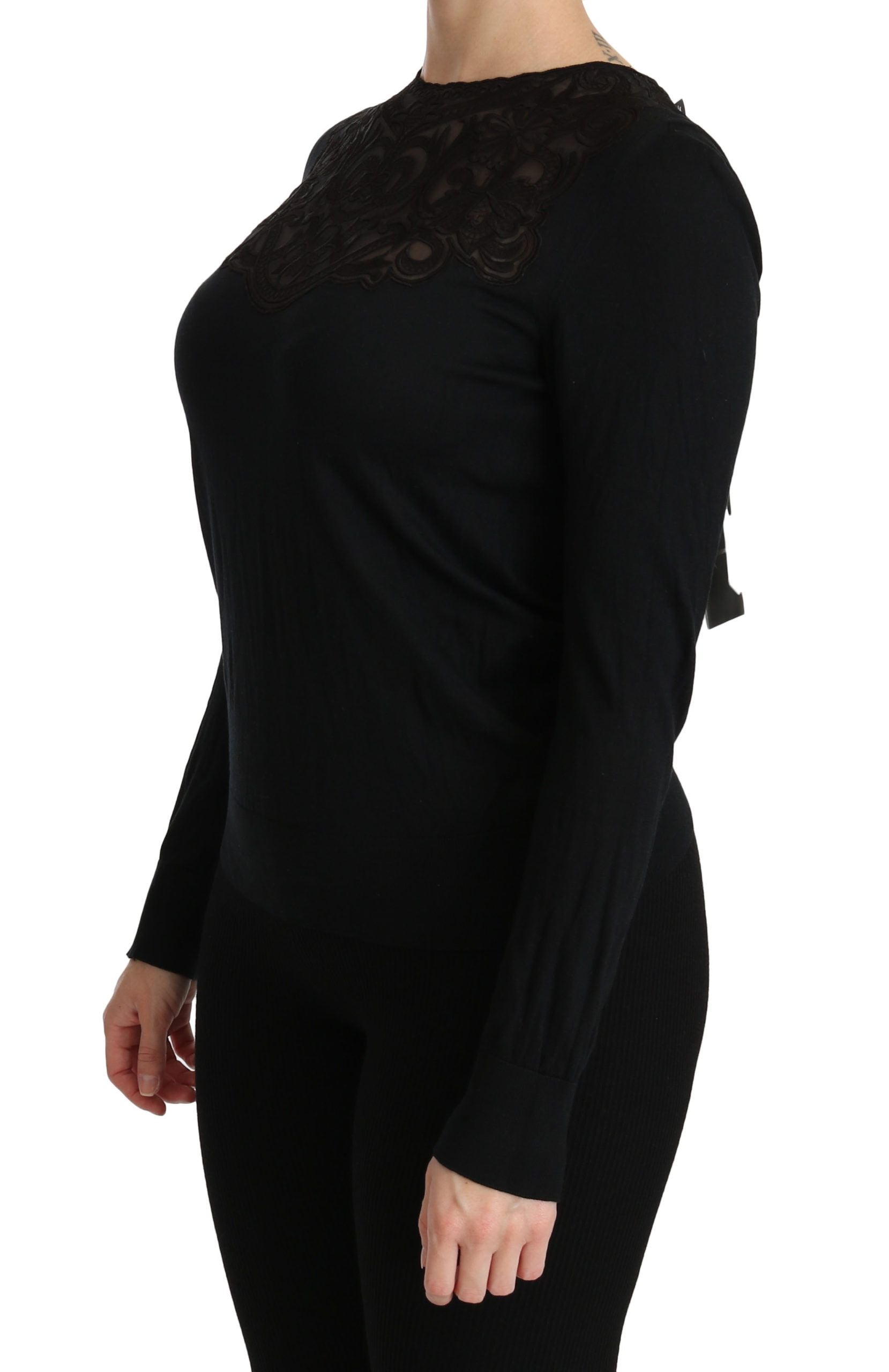 Elegant Silk-Blend Black Lace Blouse - ventzia