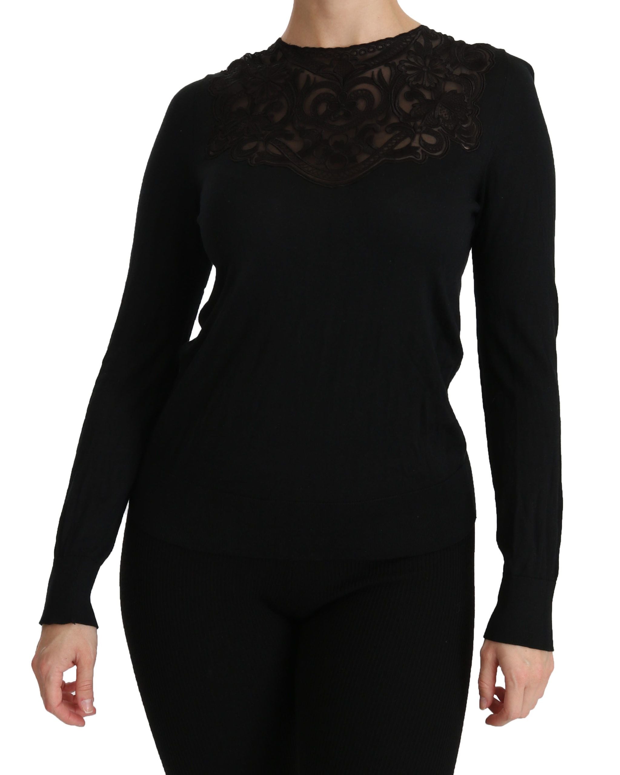 Elegant Silk-Blend Black Lace Blouse - ventzia