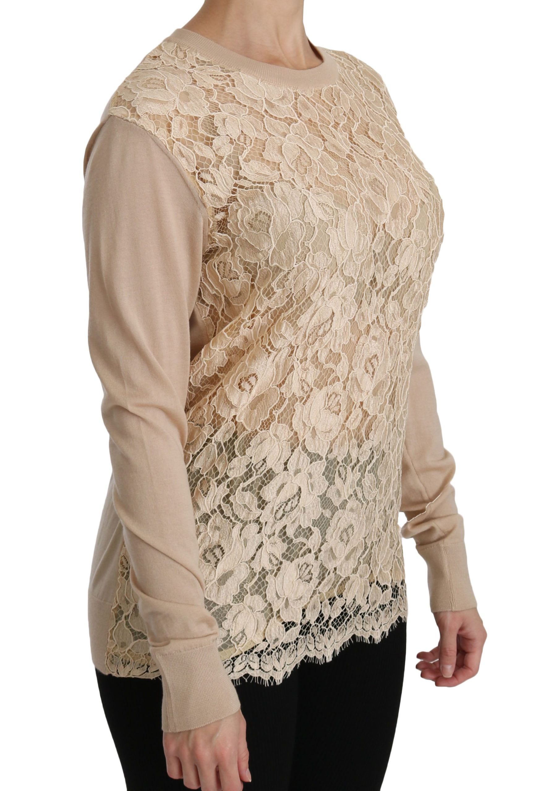 Elegant Beige Lace Crew Neck Cashmere Blouse - ventzia