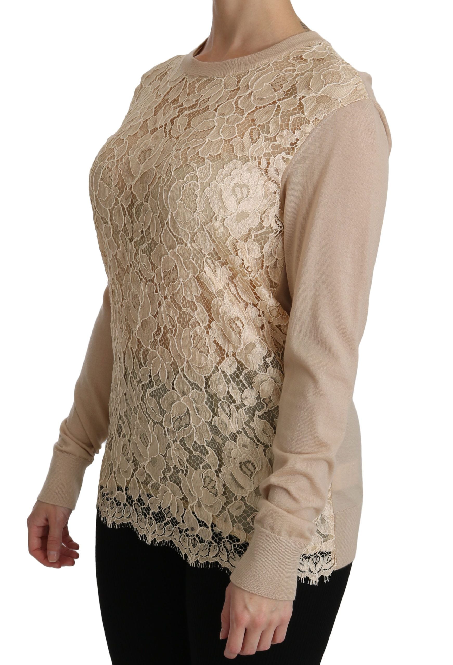Elegant Beige Lace Crew Neck Cashmere Blouse - ventzia