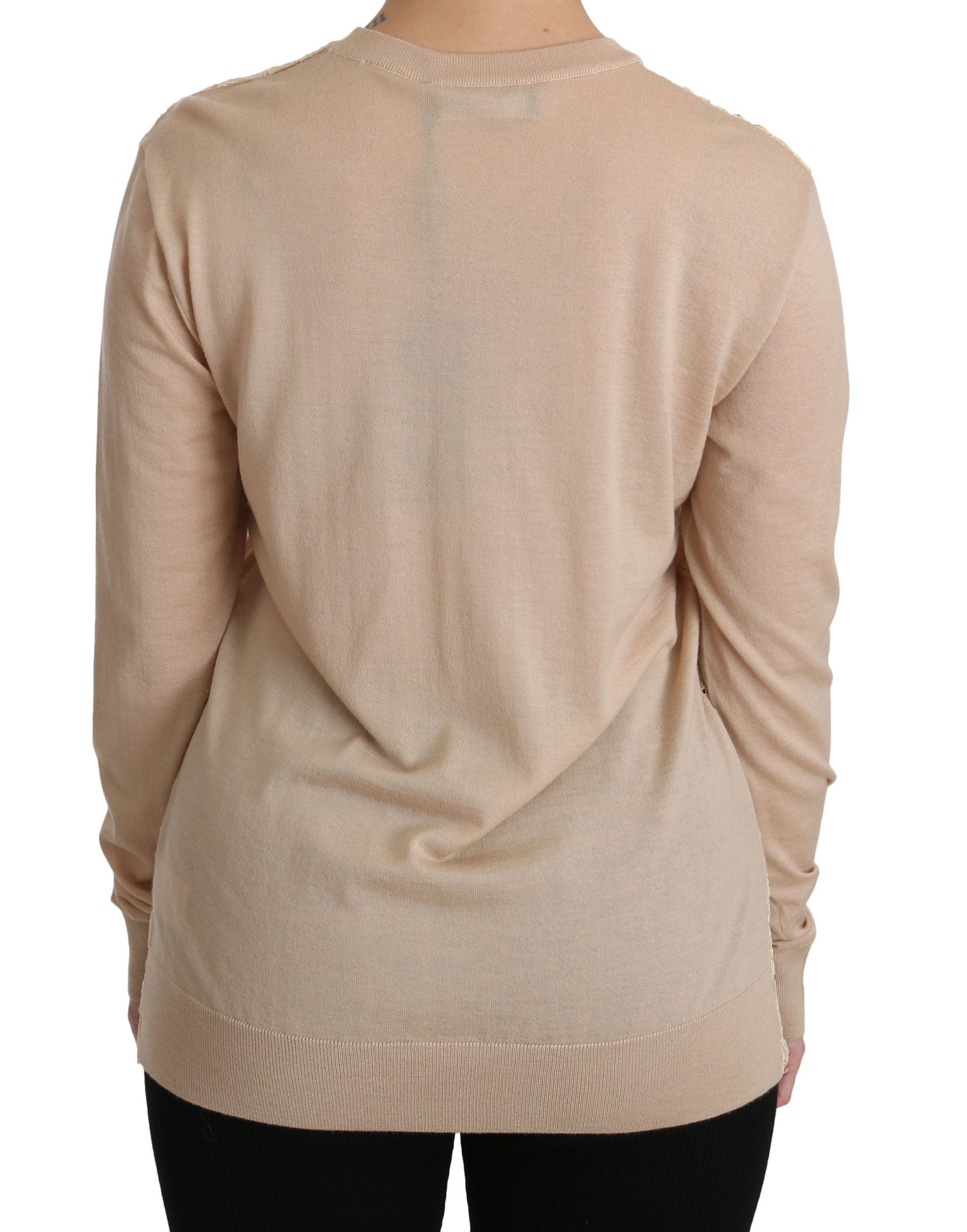 Elegant Beige Lace Crew Neck Cashmere Blouse - ventzia
