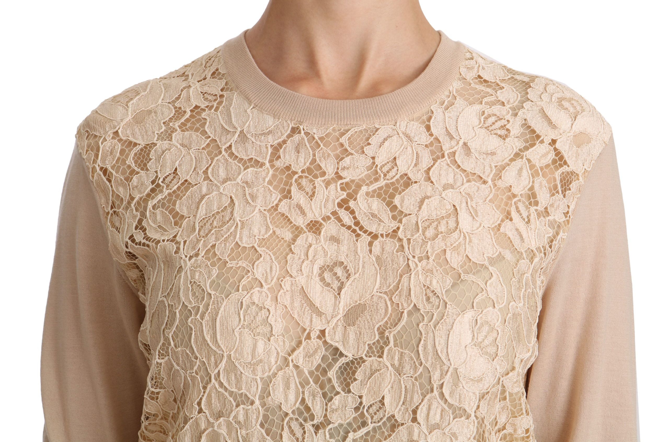Elegant Beige Lace Crew Neck Cashmere Blouse - ventzia