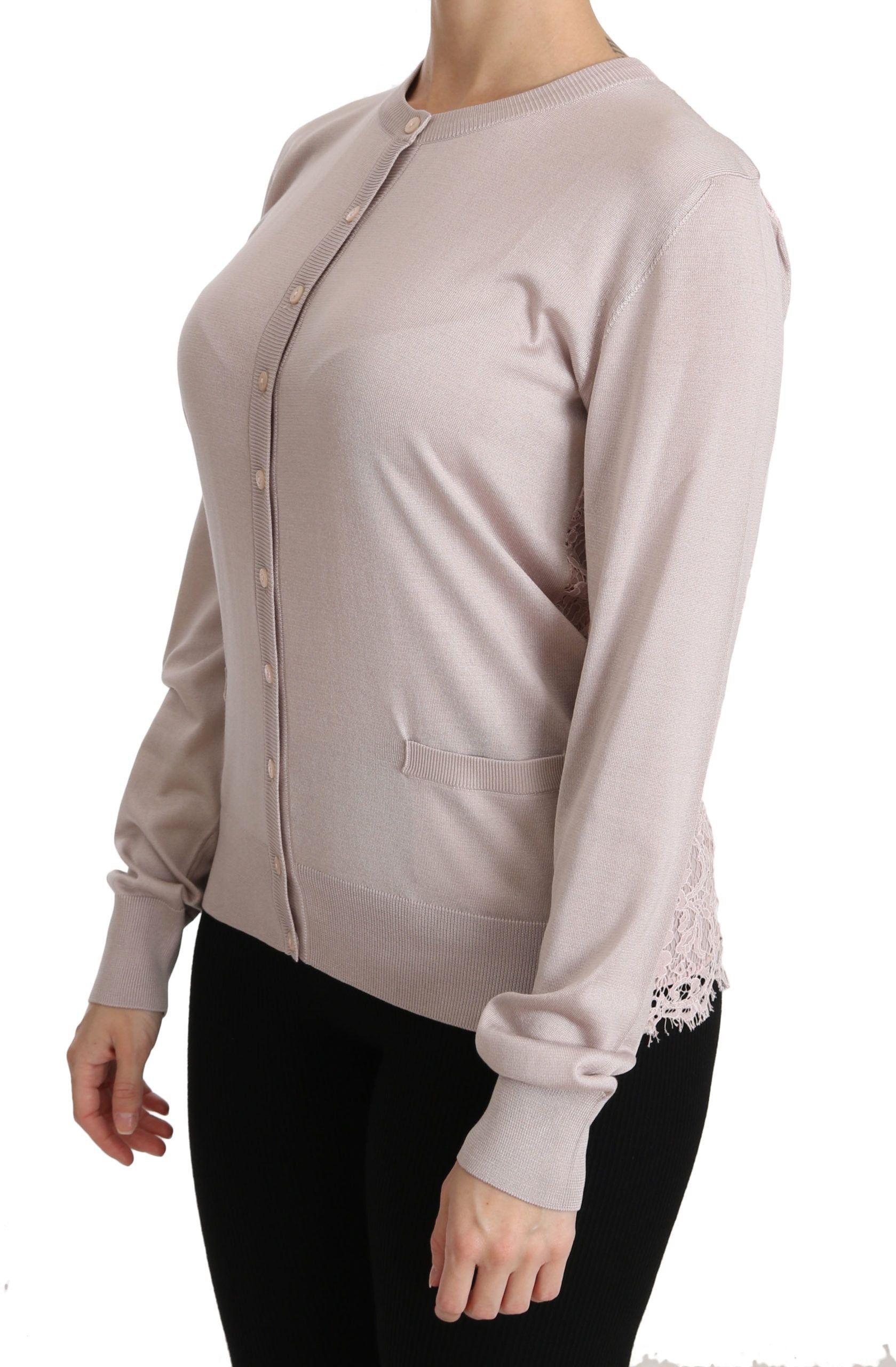 Silk Blend Pink Crew Neck Cardigan - ventzia