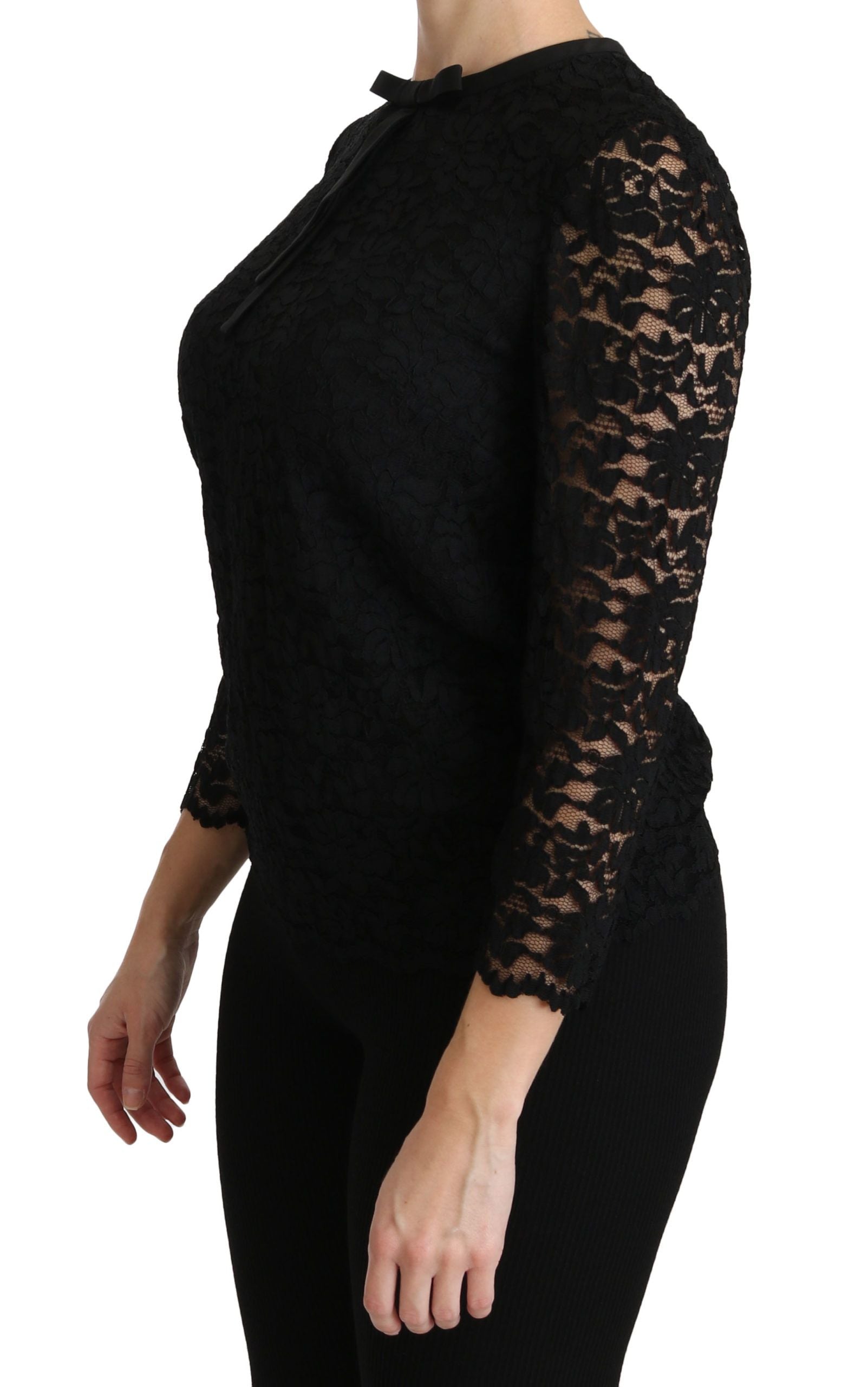 Elegant Black Lace Crew Neck Blouse - ventzia