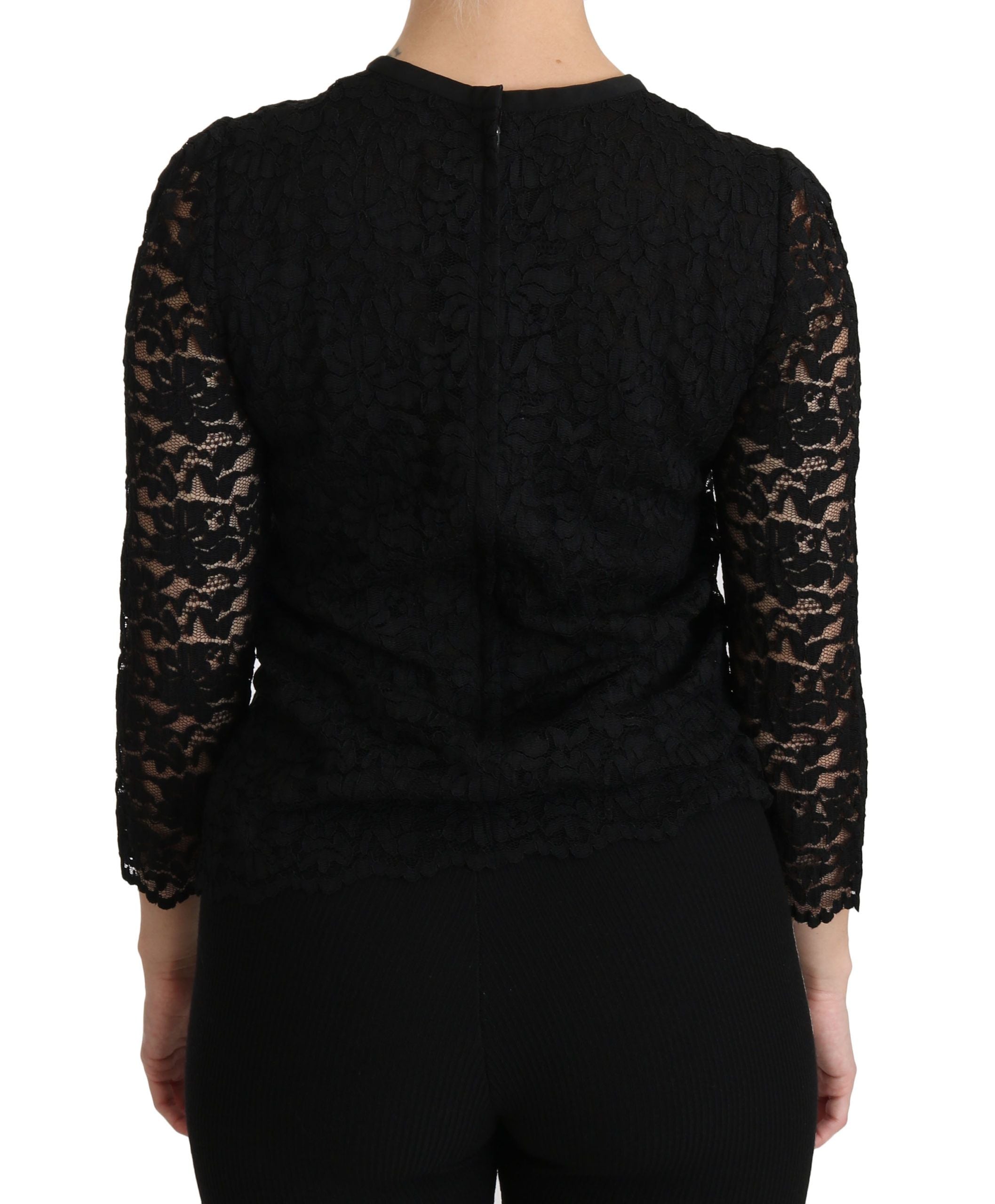 Elegant Black Lace Crew Neck Blouse - ventzia