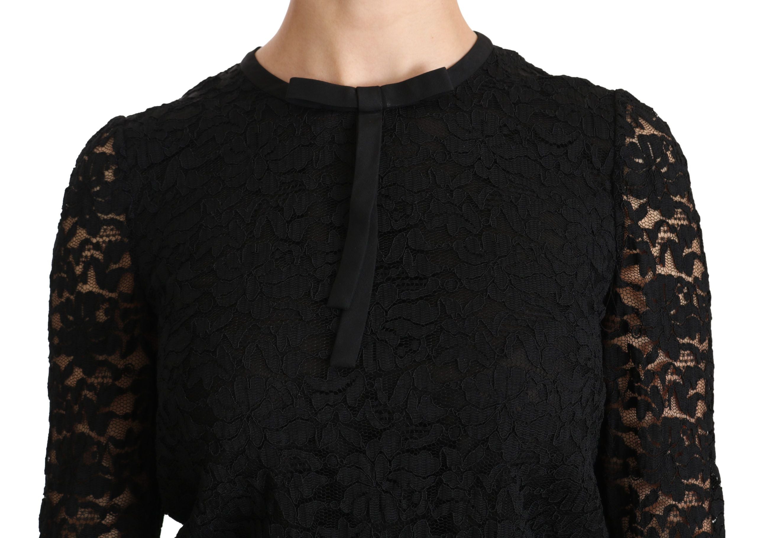 Elegant Black Lace Crew Neck Blouse - ventzia